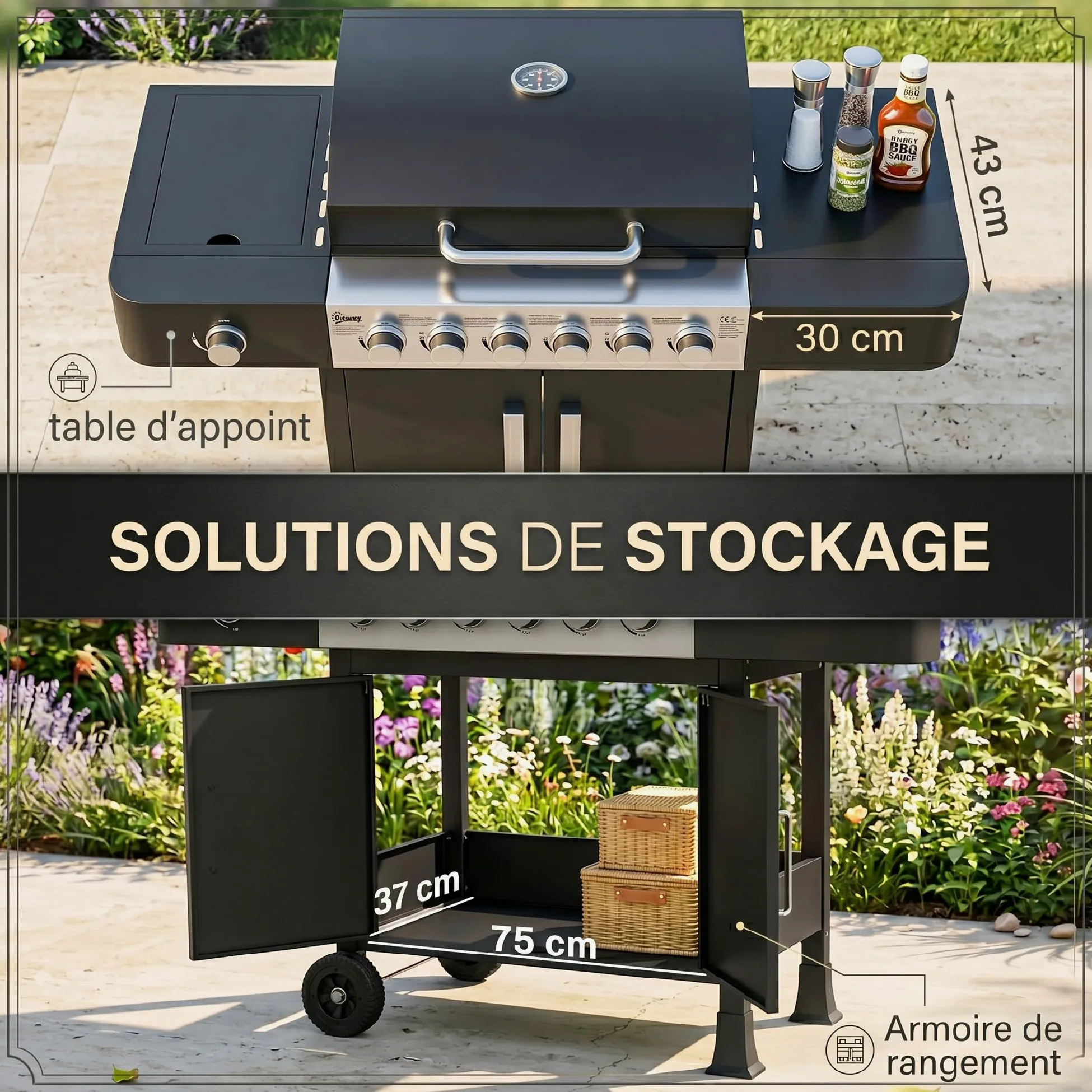 Outsunny Barbecue à gaz 6+1 brûleurs chariot portable avec roues, grille de maintien au chaud, thermomètre intégré, étagères latérales, placard et couvercle Noir