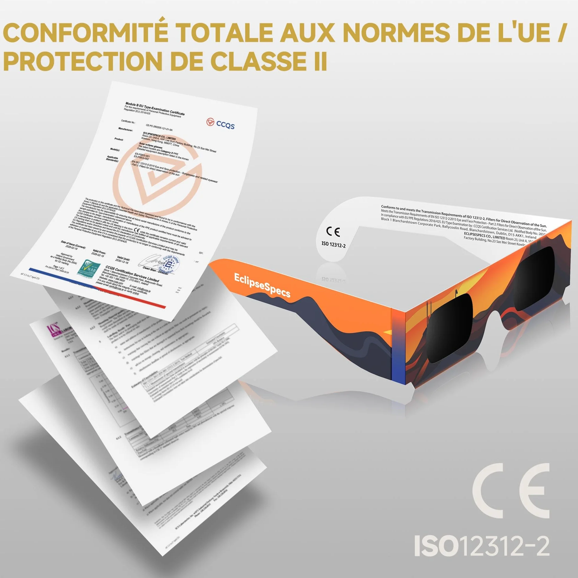 Lunette éclipse solaire [Lot de 3] - Homologuées ISO 12312-2 CE - Observation directe éclipse 2026
