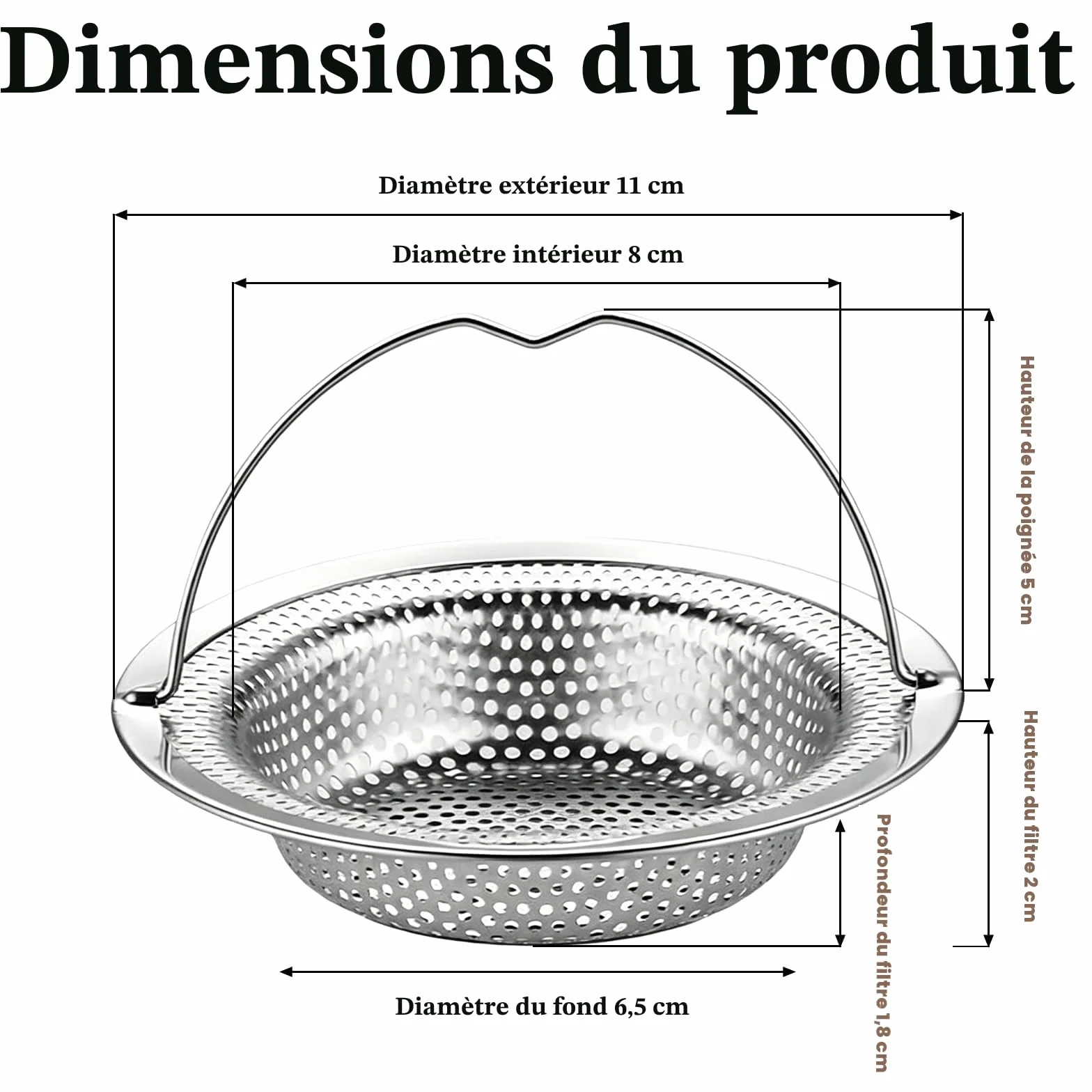 Filtre Évier Cuisine Acier Inoxydable 11cm 8cm 2cm Grille Passoire avec Poignée