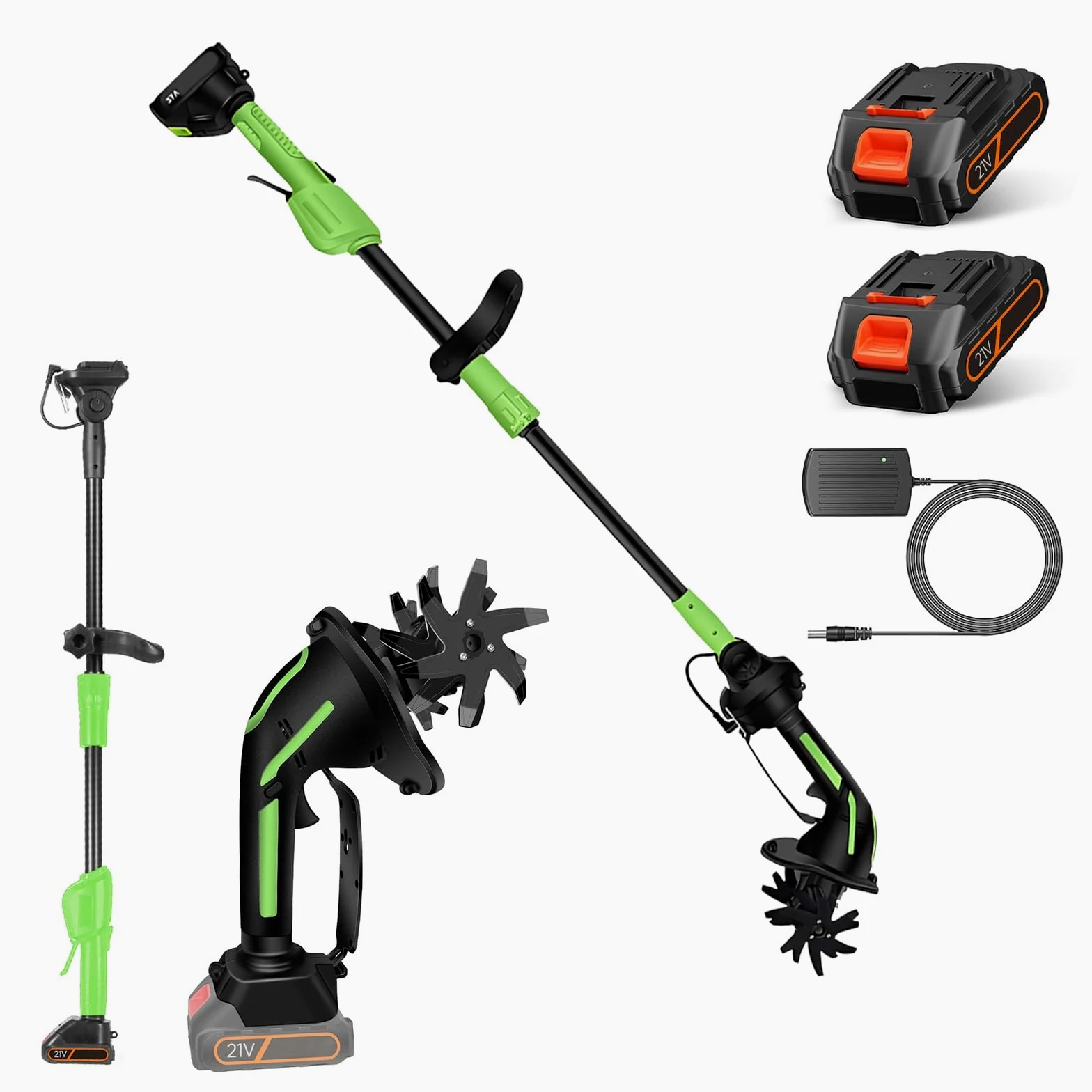 Motobineuse éLectrique sans Fil 21v avec Batterie, Portable Motoculteur de Jardin Manuel sans Fil, motocultiveur léger avec 10 cm de Largeur et Profondeur de Travail, pour Massif (2 Batteries)
