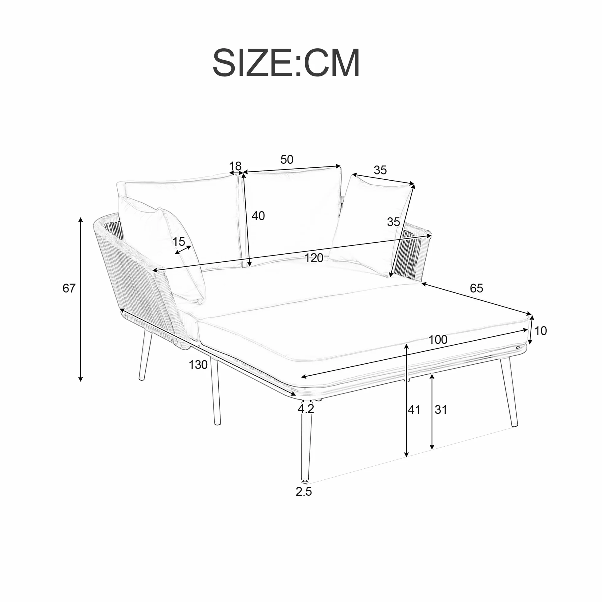 Merax Chaise longue de jardin d'extérieur avec 2 coussins et 2 coussins rembourrés, coussins amovibles et lavables, pour balcon, terrasse, salon de jardin, beige