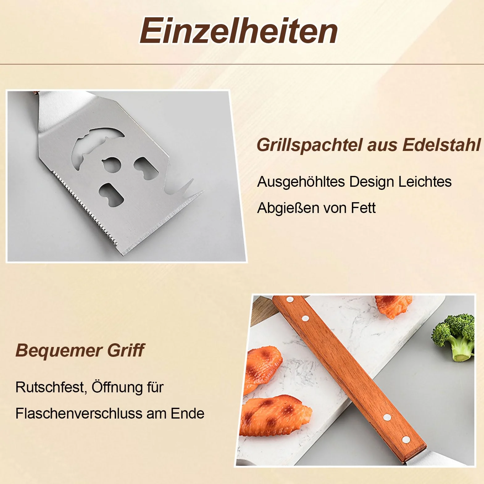 Set Ustensiles Barbecue 8 en 1, Spatule 42 cm et Fourchette 33 cm, Acier Inoxydable, Bois, Décapsuleur