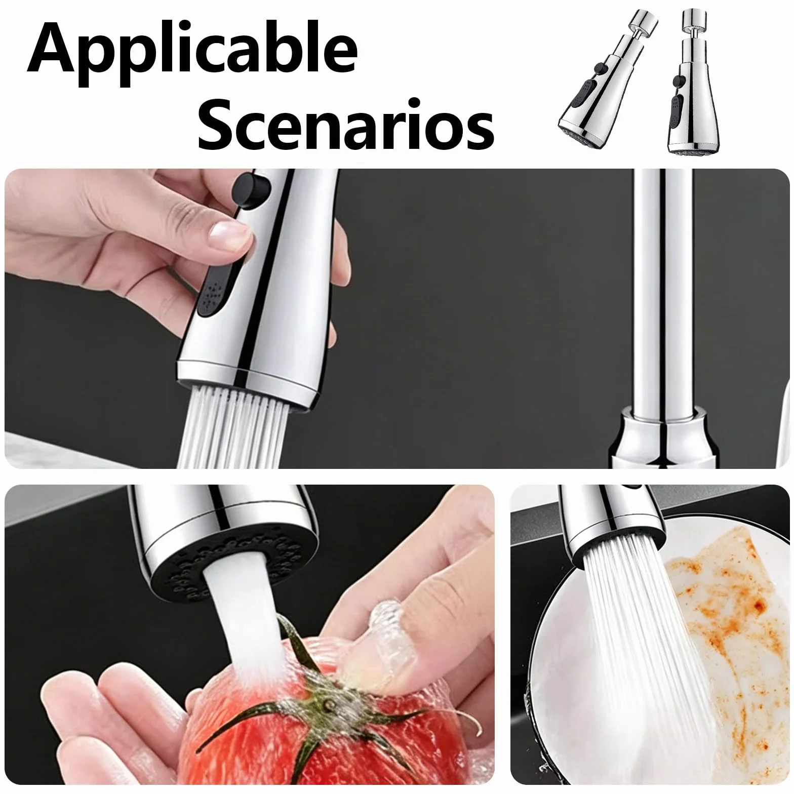 Douchette Évier Cuisine Robinet 360° Rotatif 3 Modes Jet Prolongateur Aérateur Inox Économiseur d’Eau