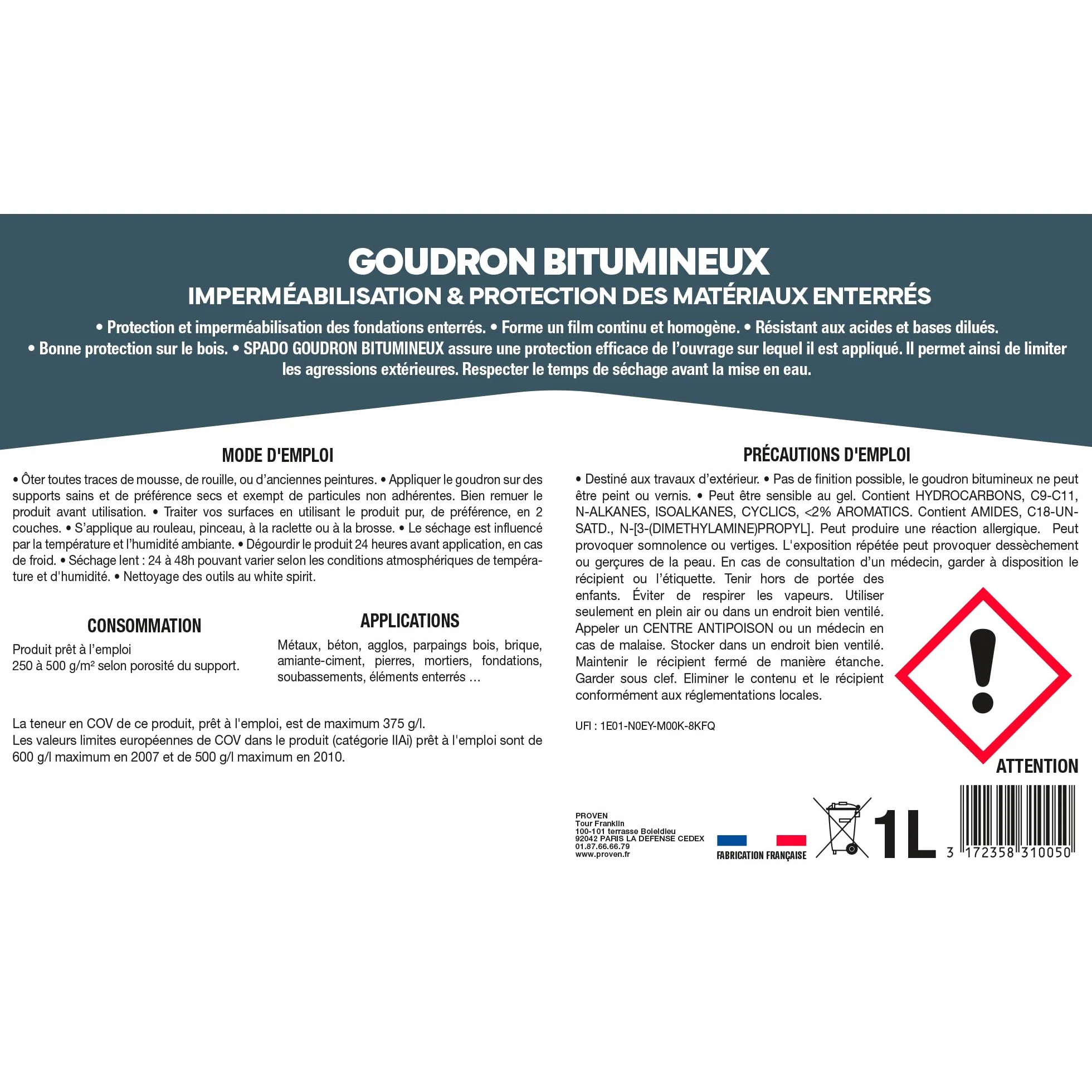Goudron Bitumineux Imperméabilisant Protection Surfaces Extérieures Enterrées Bois Anti-Rouille Anti-Acide Anti-Humidité 1 Litre