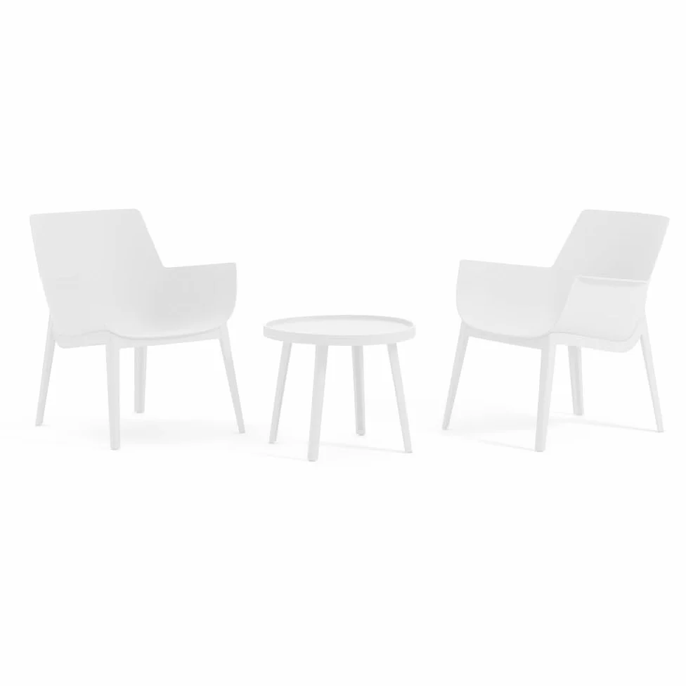 Lot de 2 fauteuils avec table basse d'extérieur en polypropylène renforcé de fibre de verre, fauteuils de piscine, fauteuils de balcon ergonomiques - Betty (ensemble avec table blanche)