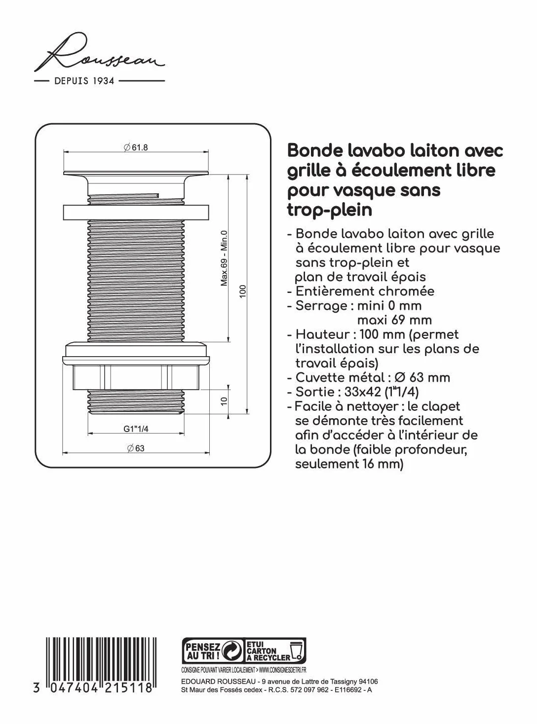 Bonde de Lavabo à Ecoulement Libre Edouard Rousseau 63 mm NF sans Trop Plein Grande Epaisseur Grille Chromée