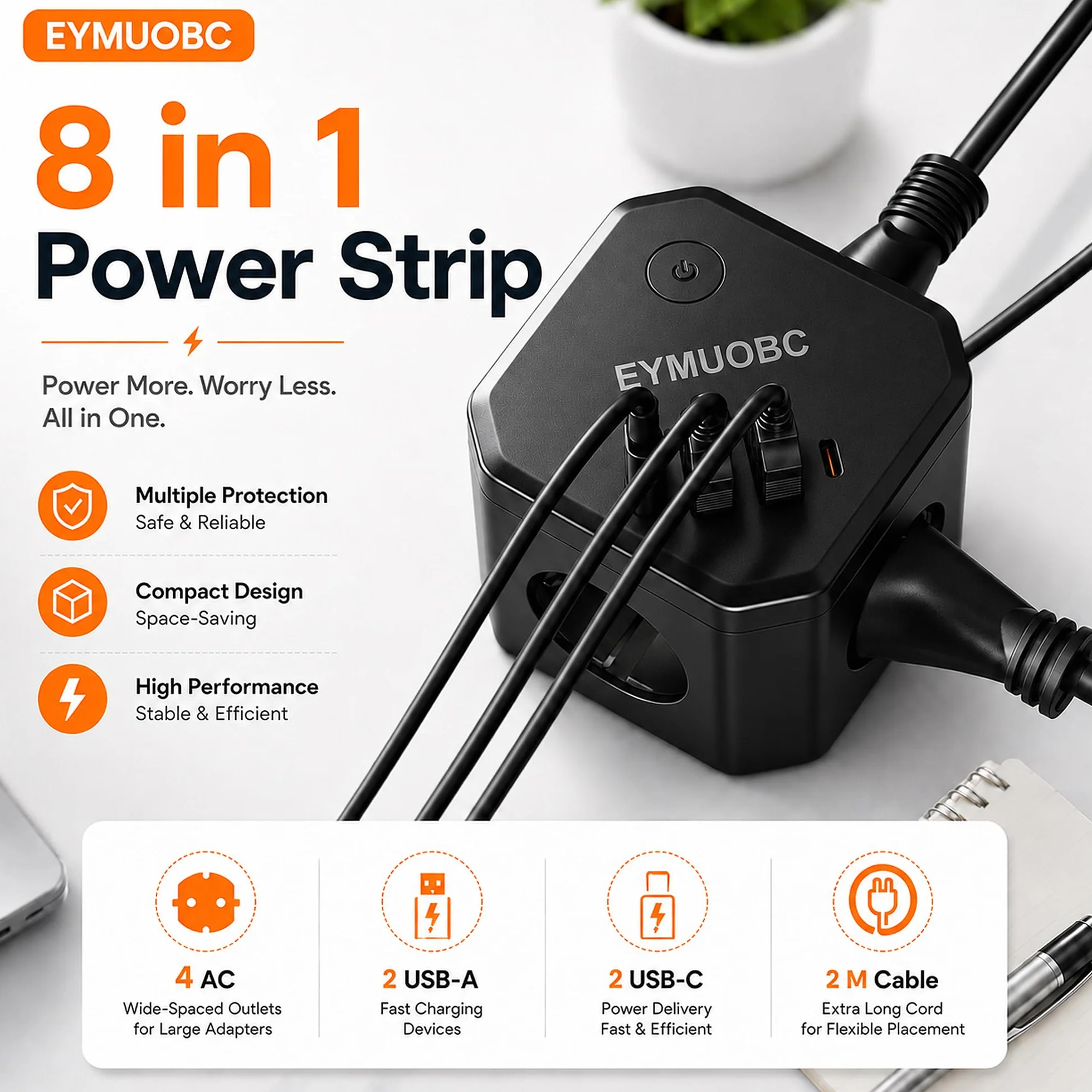 Multiprise 8-en-1 avec USB C PD 20W 3680W et Interrupteur Rallonge Électrique 2M