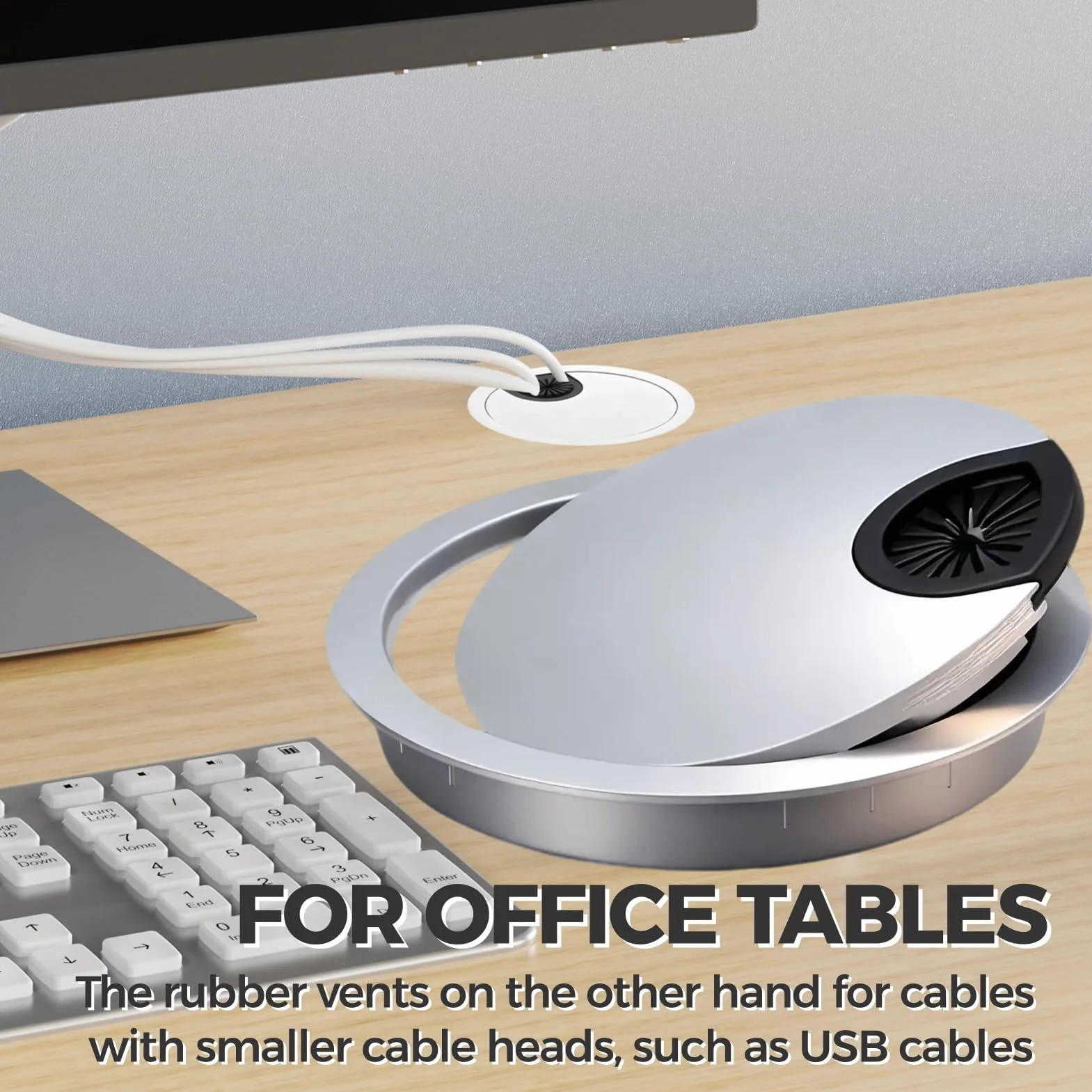 Lot de 2 Passe-Câbles de Bureau Métal Ø60mm Argenté - Organisateur Câbles USB HDMI