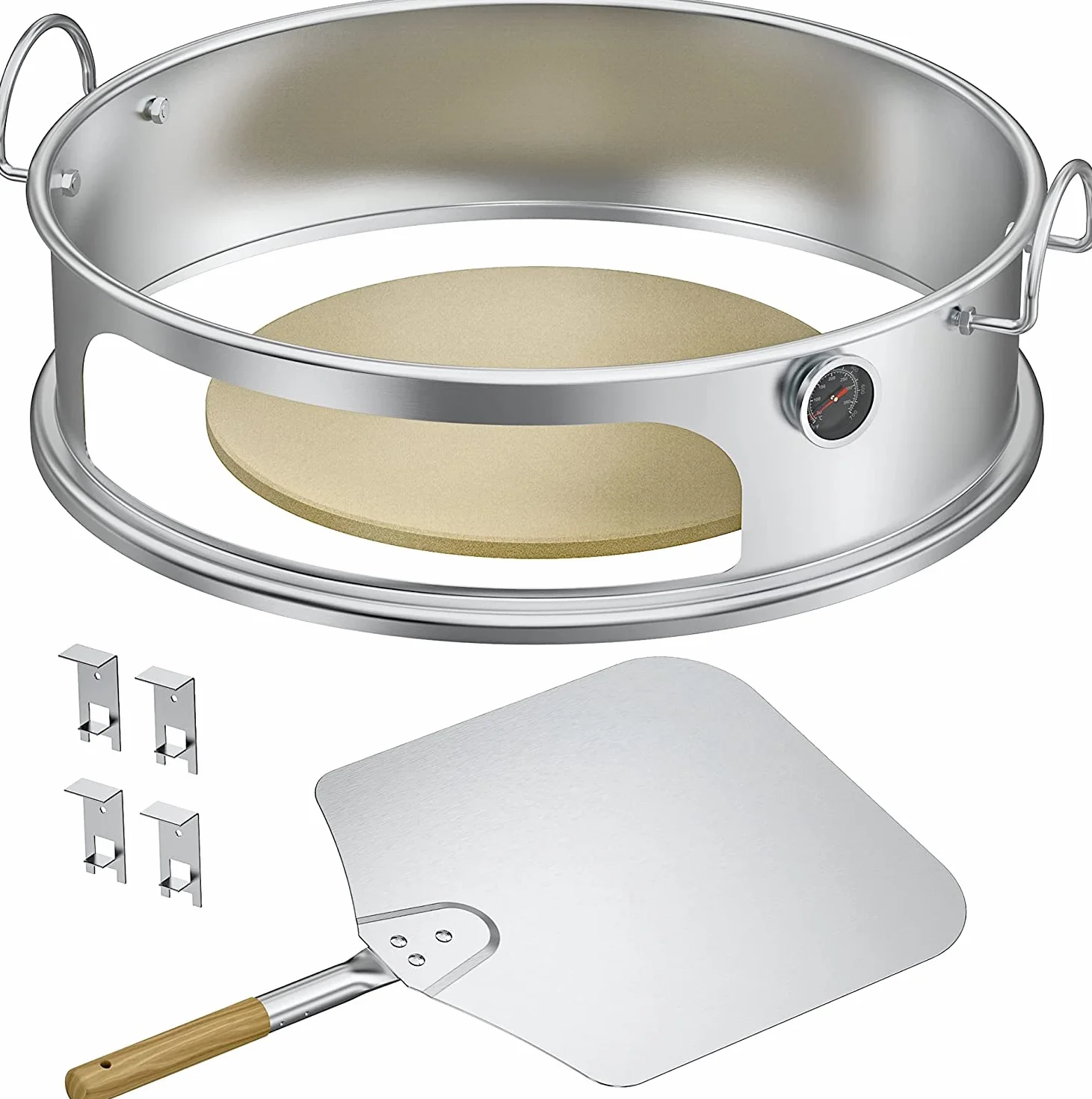 Onlyfire BRK-6023 Kit Pizza Weber 57 cm - Anneau INOX Poignées Amovibles, Pierre 38 cm, Pelle, Thermomètre - Accessoire Barbecue Charbon Kettle
