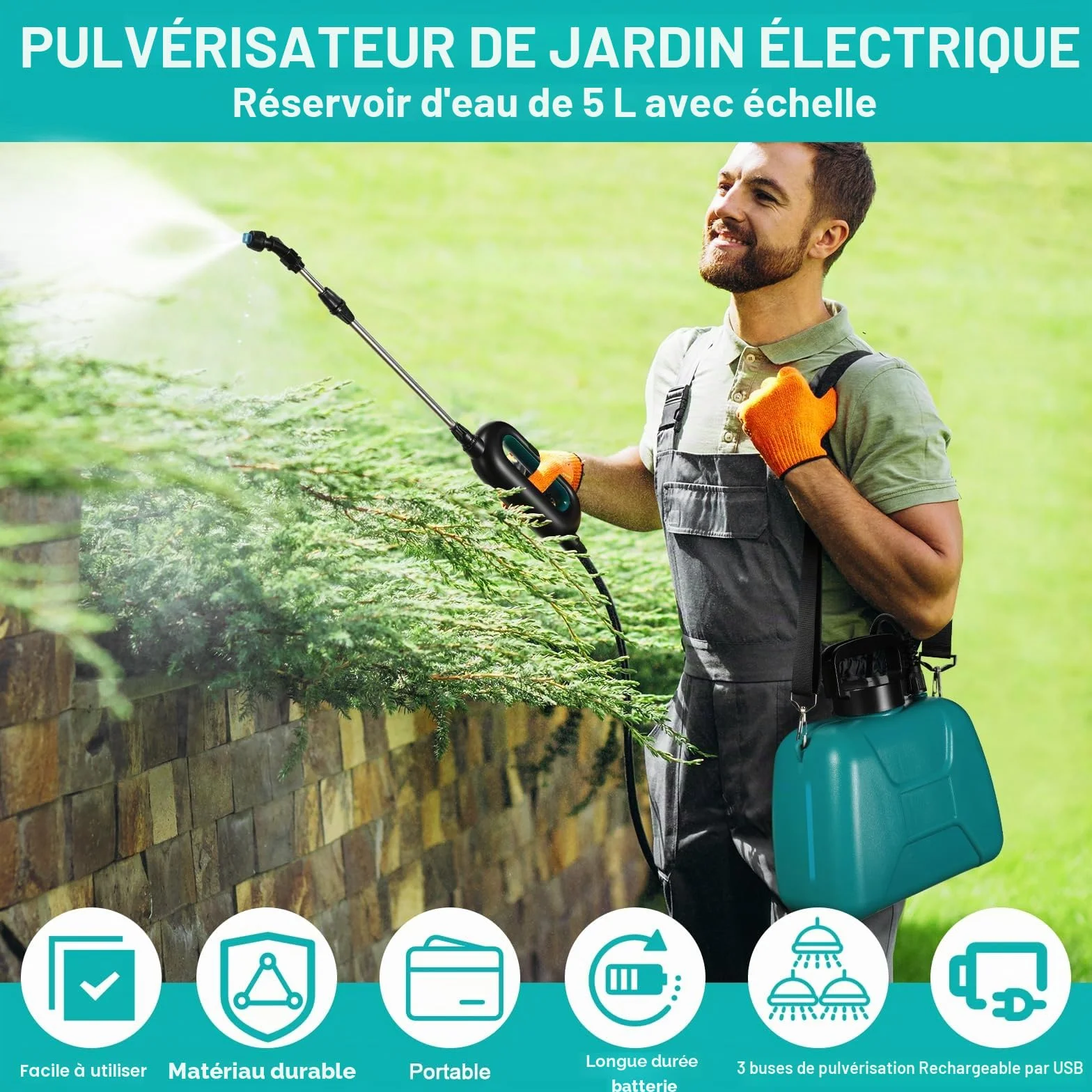 TLGREEN Pulverisateur Electrique à Batterie 8L, 7.4V/2000 mAh Pulverisateur de Jardin avec 3 Buses Réglable, Pistolet pulvérisateur télescopique pour Pelouse, Cour pulvérisation des Plantes de Jardin