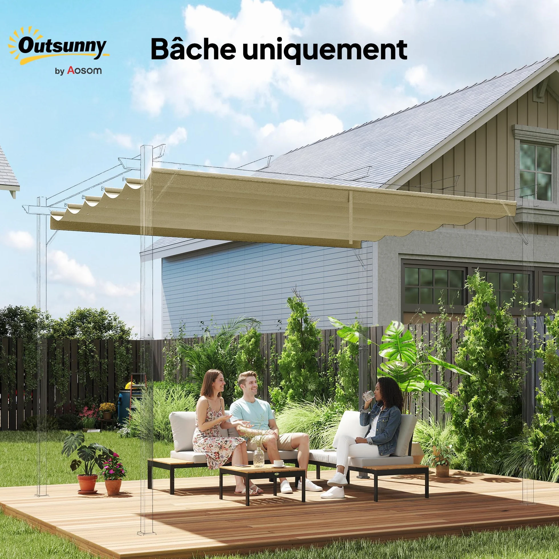 Outsunny Toile de Toit pour Pergola Tonnelle Rétractable 4 x 3 m 350 x 260 cm Beige