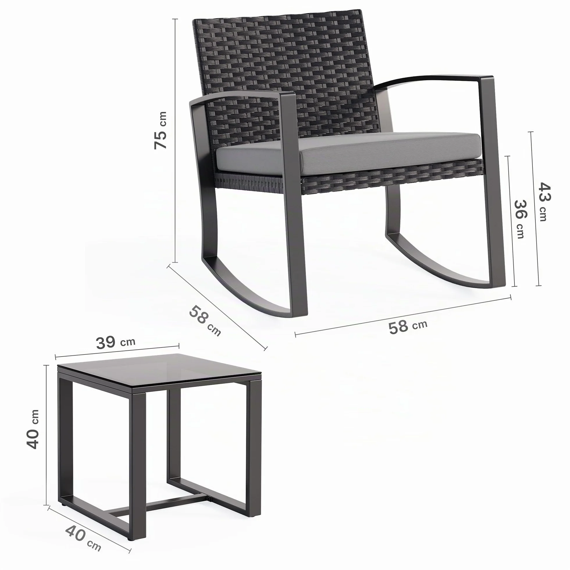 Ensemble de Meubles de Jardin 3 Pièces en Rotin avec Chaises à Bascule et Table Basse en Verre, Gris