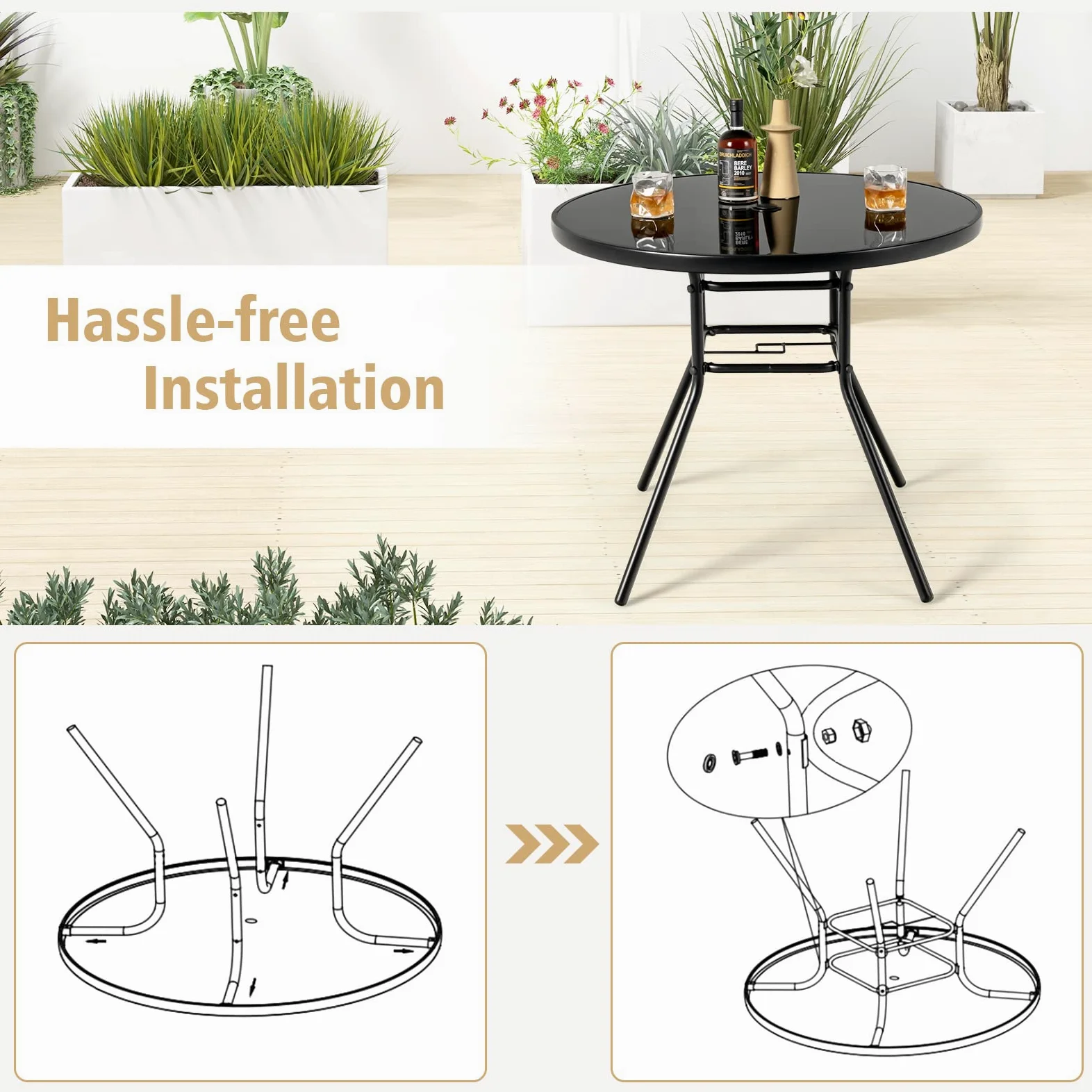 GIANTEX Table Bistrot 86 cm, Table à Manger de Jardin avec Trou pour Parasol de 3,5 cm, Plateau en Verre Sérigraphié, Cadre en Métal, Table d'Appoint Ronde, pour Jardin, Terrasse, Noir