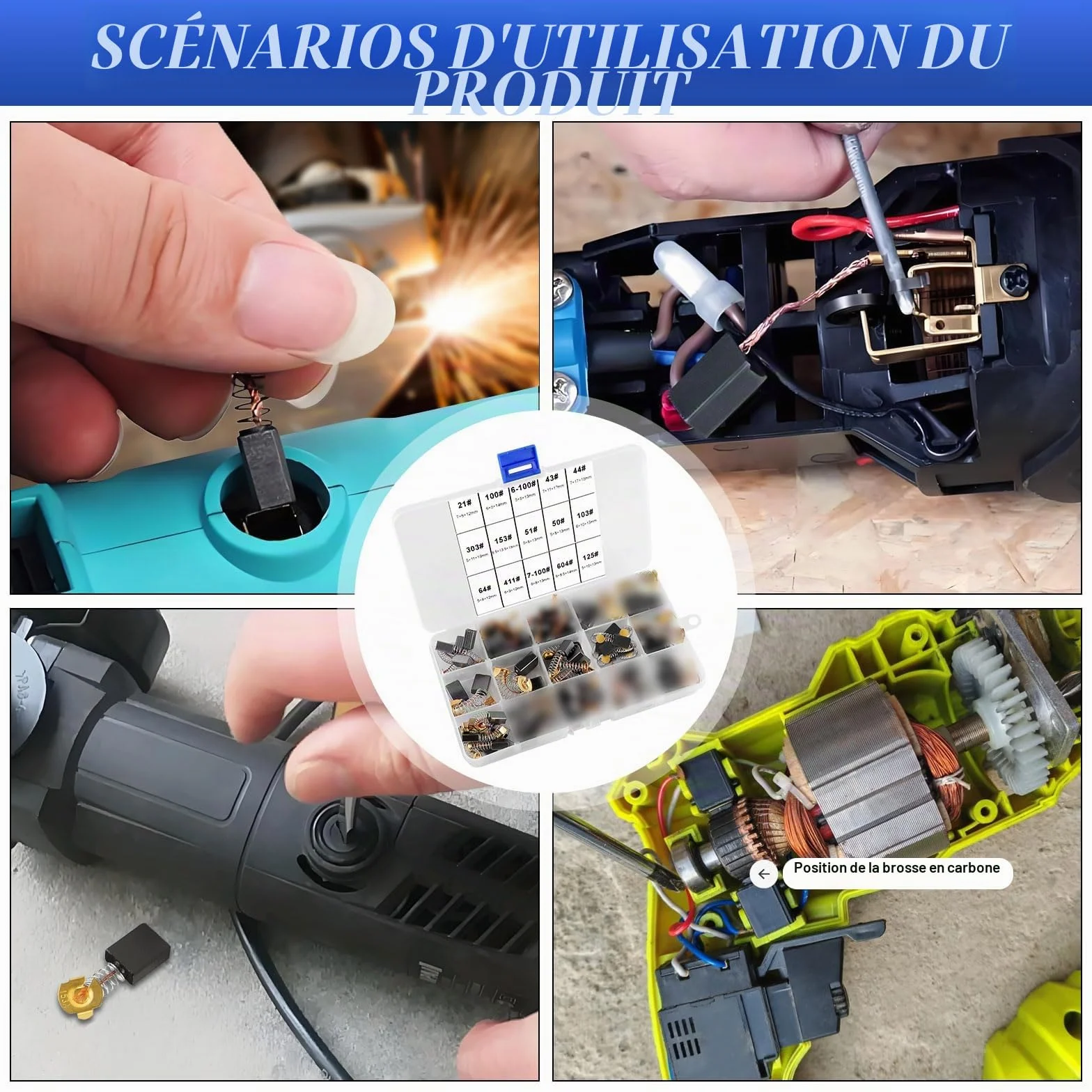 Balais de Charbon 76 Pièces pour Outils Électriques Meuleuse Ponceuse Scies 15 Tailles Dureté Élevée