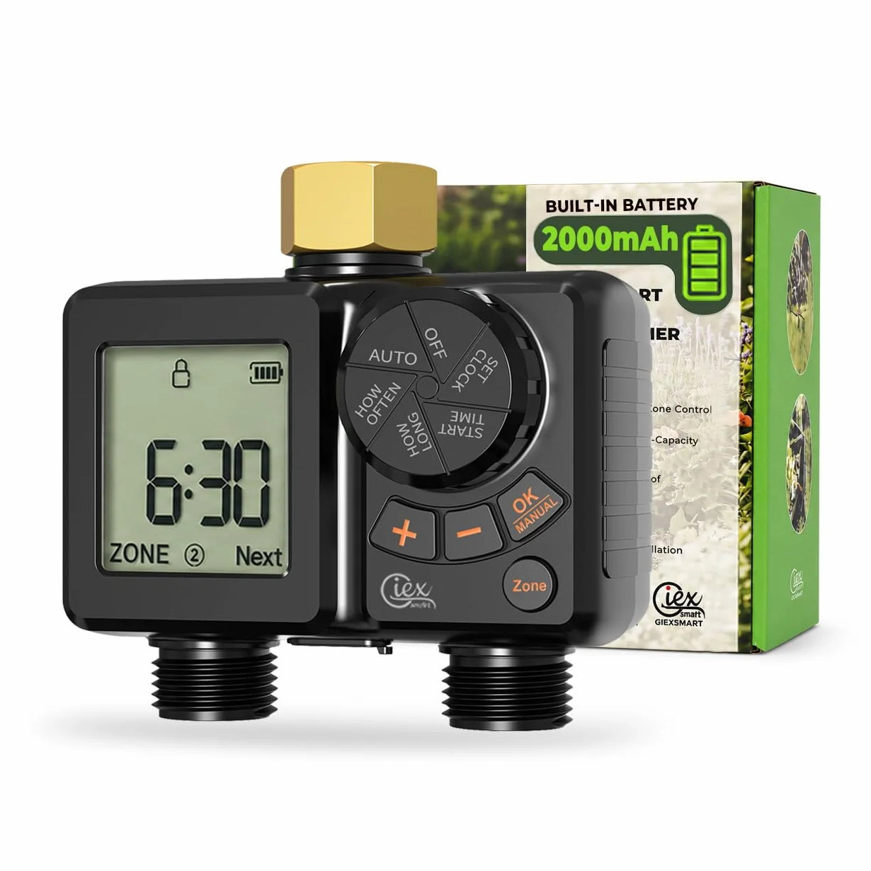 GIEX Ordinateur d'arrosage 2 voies, minuterie d'arrosage rechargeable 2 zones avec connecteur en laiton, minuterie d'eau programmable avec IP66, retard de pluie et irrigation manuelle pour jardin
