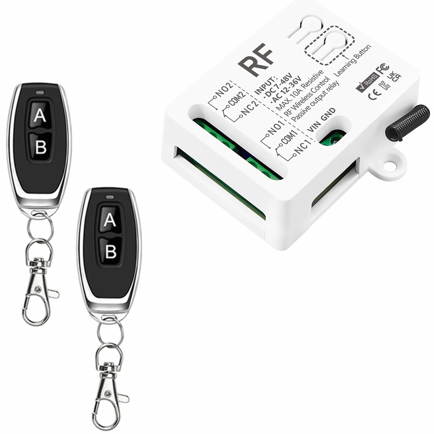 433MHz Commutateur Sans Fil 2 Canaux DC 7-48V AC 12-36V 10A Relais Récepteur avec 2 Émetteurs