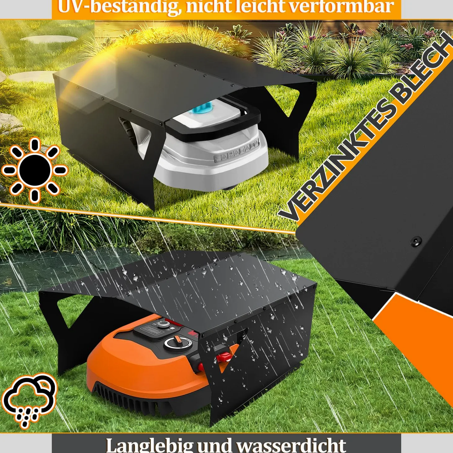 Gimisgu Toit de protection galvanisé pour robot tondeuse à gazon, avec gants et protection UV, idéal contre la pluie et la grêle, 78 x 60 x 34 cm, noir
