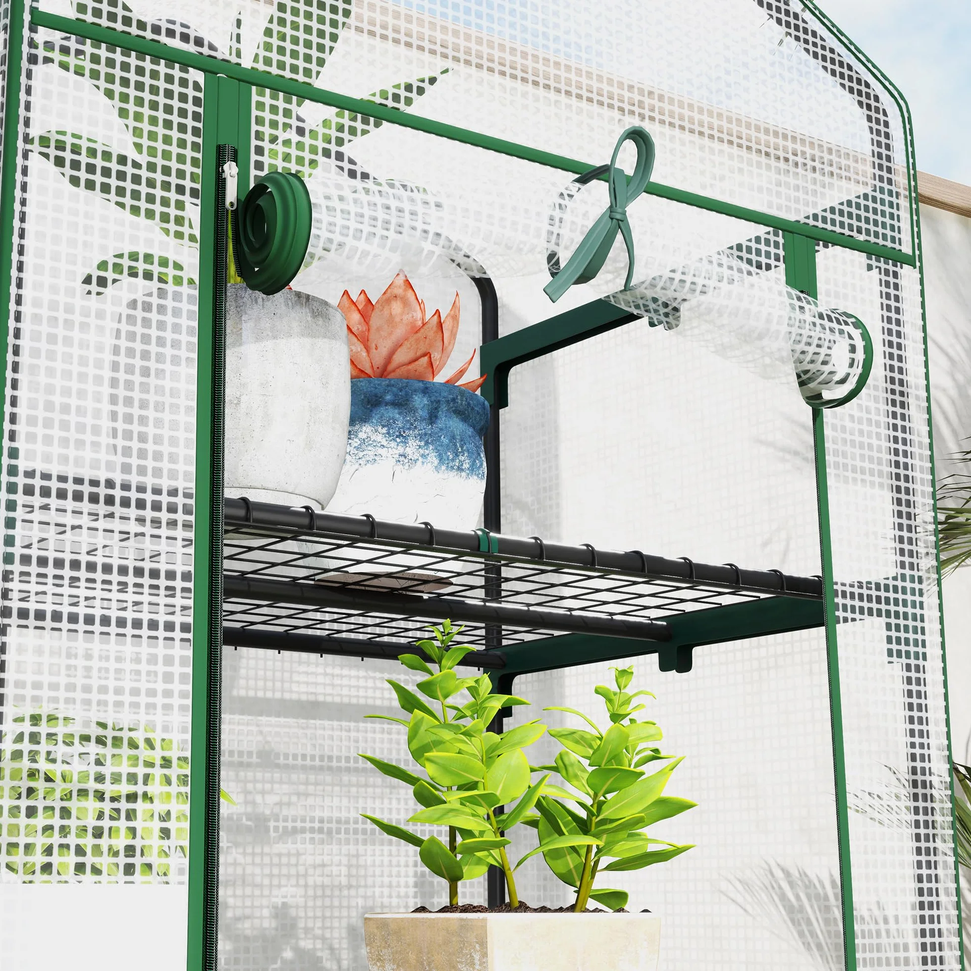 Outsunny Serre de Jardin PE avec étagères 5 Niveaux, Serre de Balcon, bâche renforcée, châssis en Acier, Porte zippée Enroulable, pour légumes Plantes Fleurs, 69 x 49 x 193 cm, Blanc
