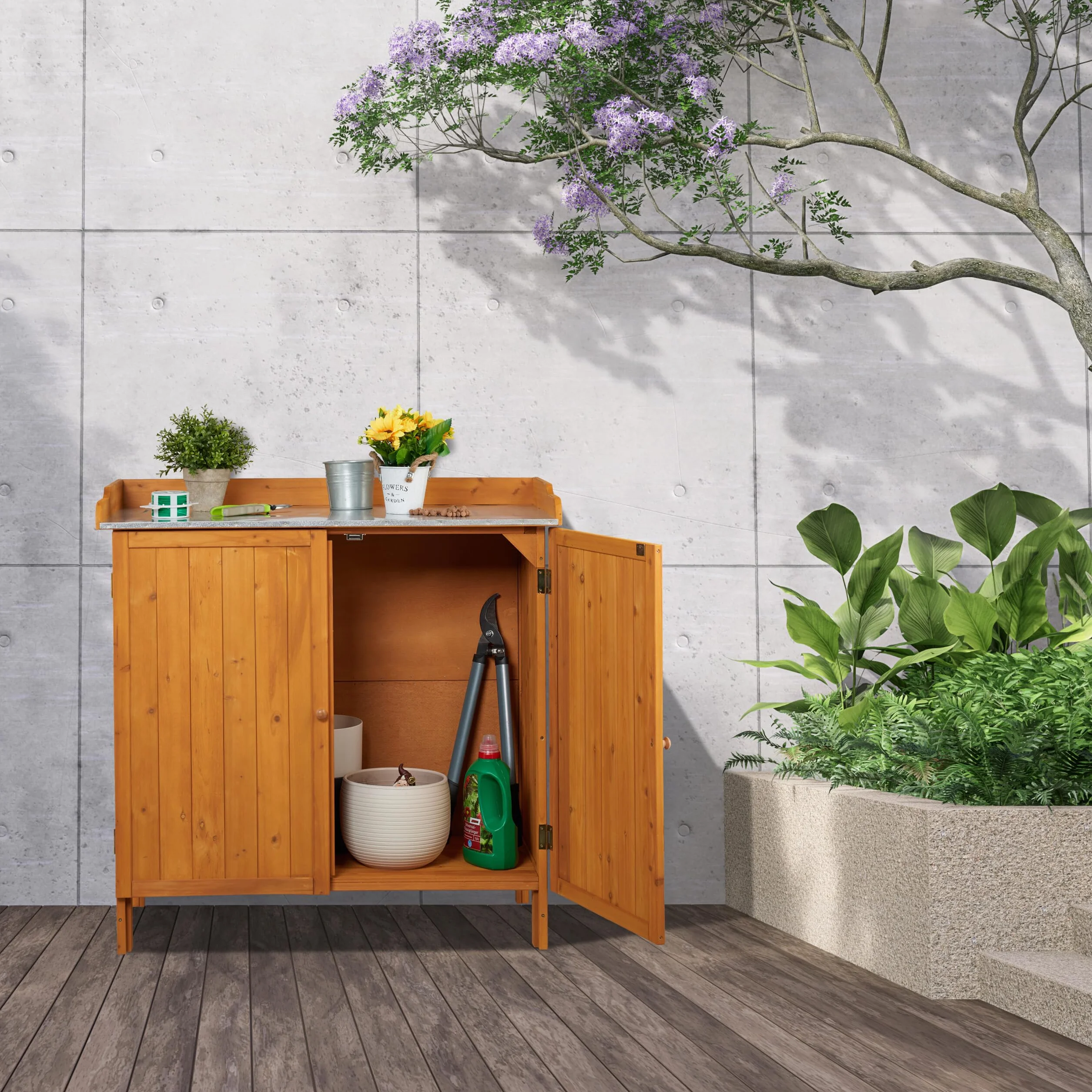 Relaxdays Armoire de Jardin Table à Plantes avec Rangement Bois 94 x 94 x 47 cm Orange