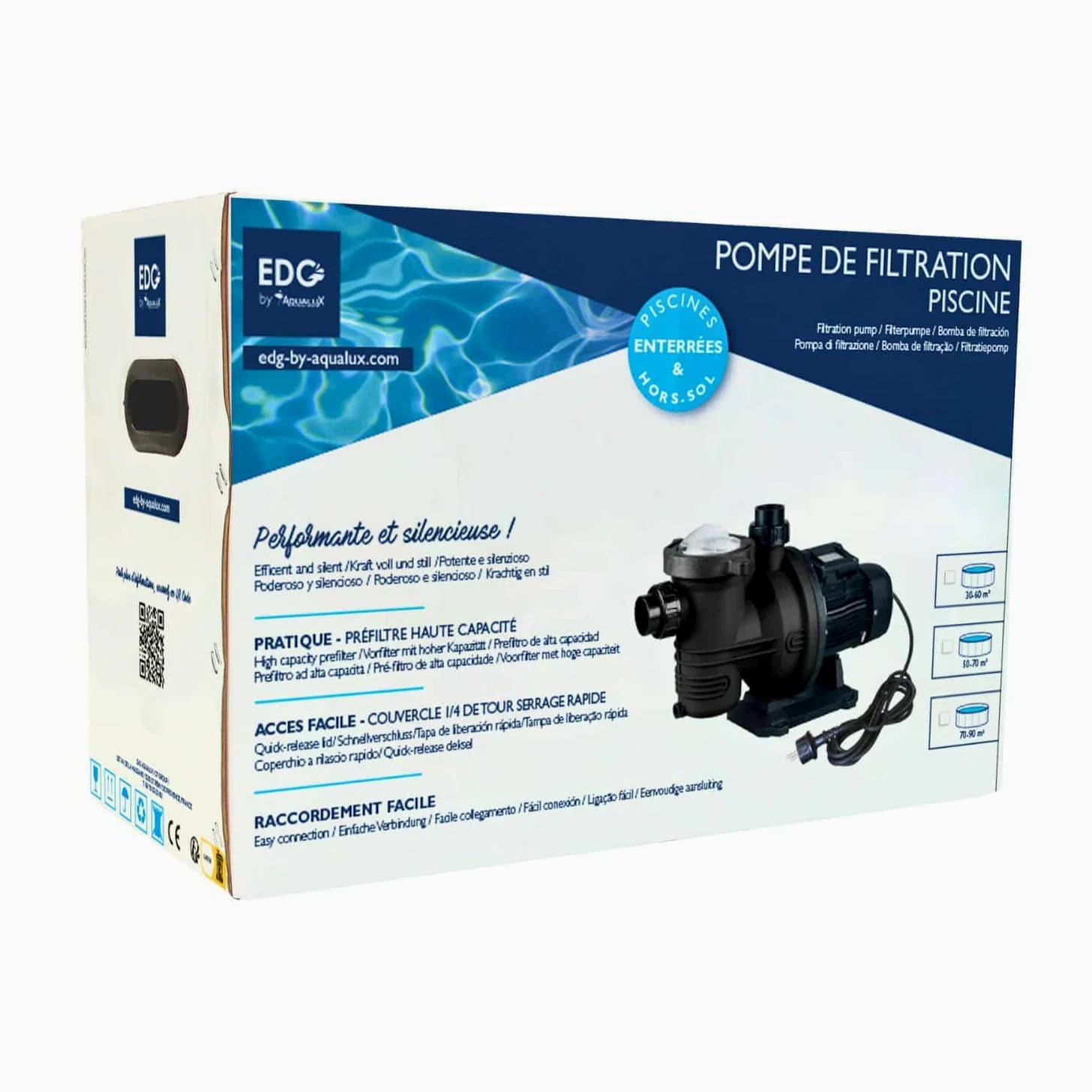 Pompe Filtration Piscine - PRO - Puissance 1.5CV - Débit 18m3/h - Couvercle QuickLock sans Vis - Fournie avec raccords 50 - (à Utiliser en complément d'un Filtre à Sable ou à Cartouche) Noir