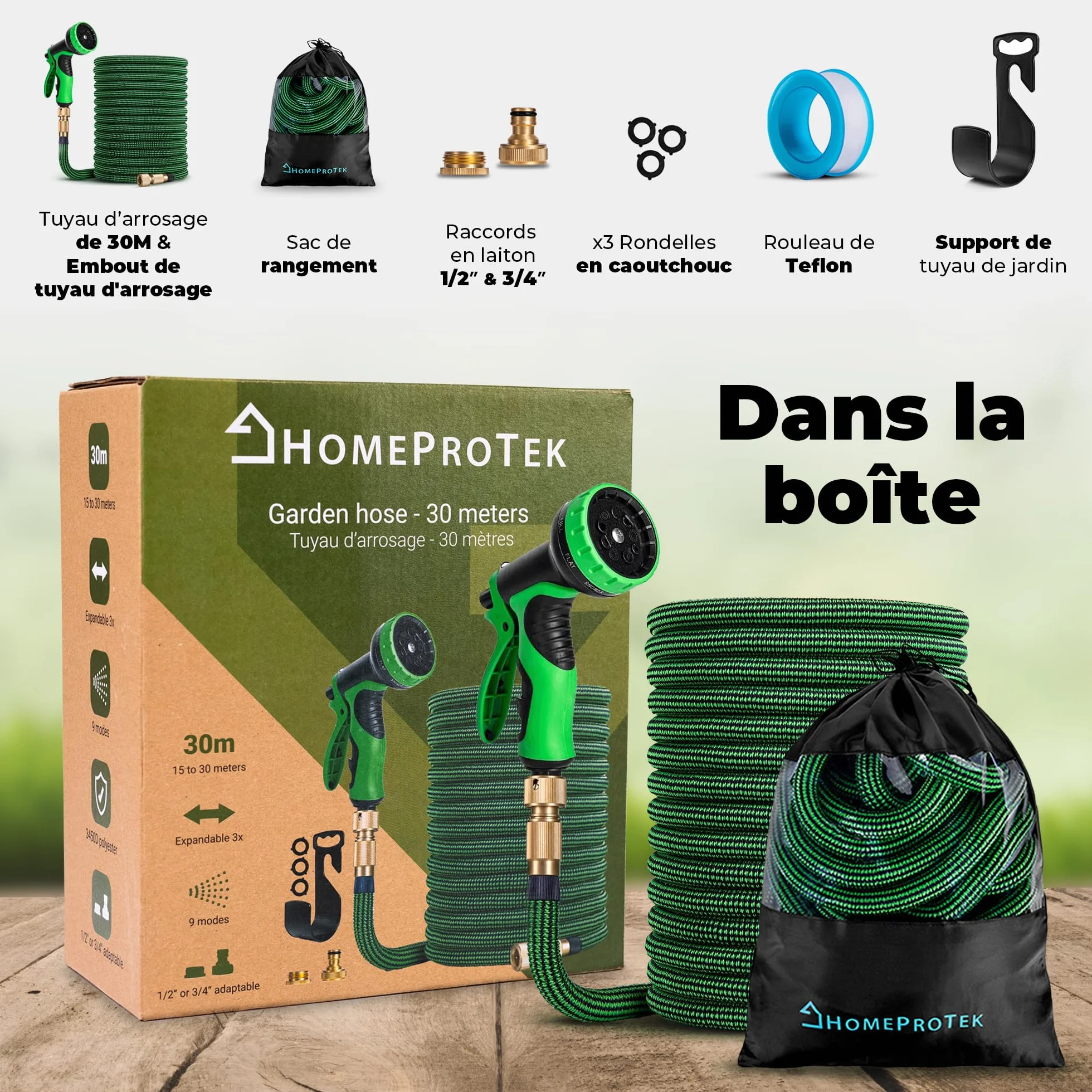 HOMEPROTEK Tuyau d'Arrosage Extensible 30m avec Adaptateurs 1/2'' 3/4'' et 9 Modes