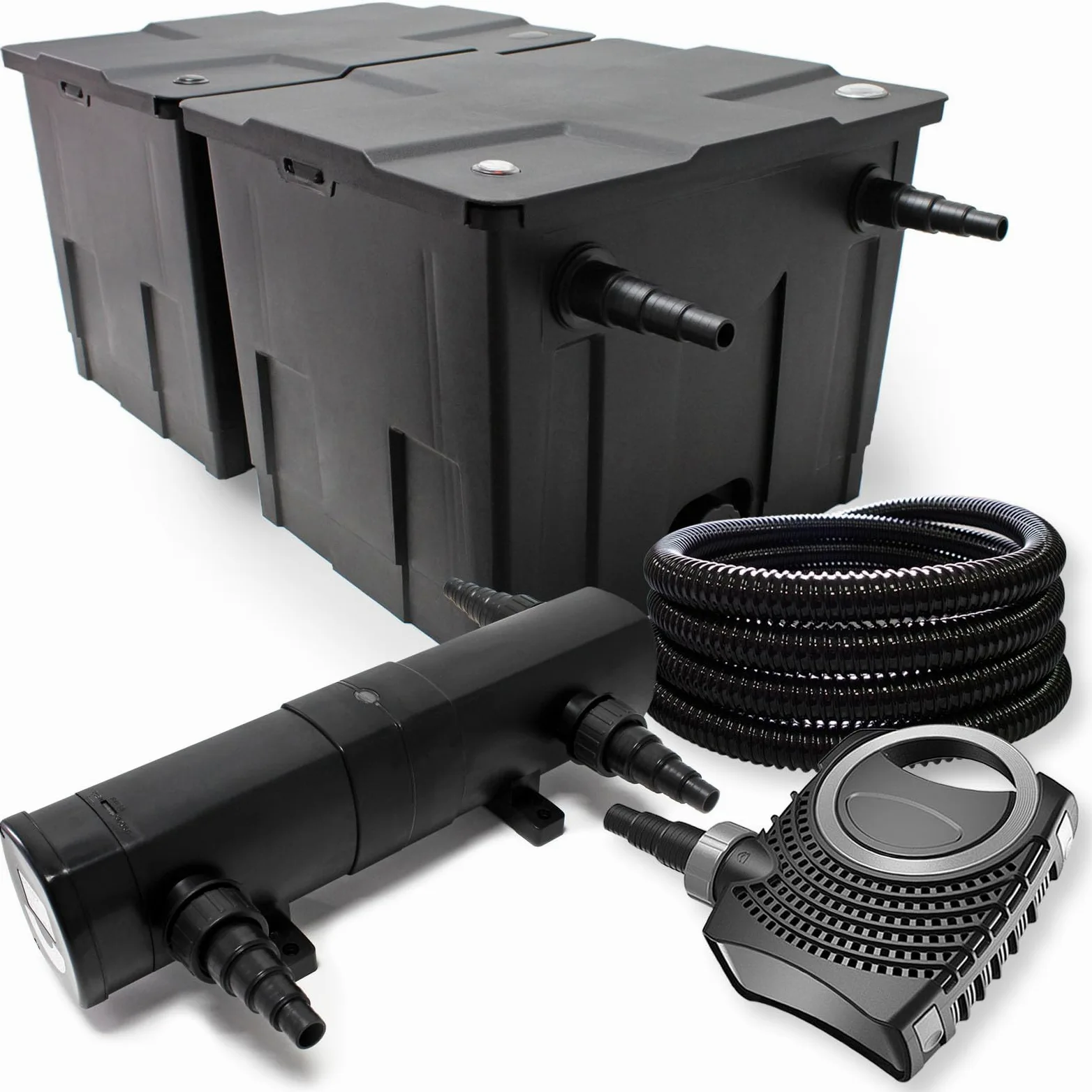 Wiltec Kit complet: CBF-350B Filtre de bassin jusqu'à 60000 L Biologique, NEO10000 SuperECO pompe de filtration 10000l/h 80W, CUV-218 lampe uv UVC Clarificateur avec 18W, 25m Tuyau 25 mm