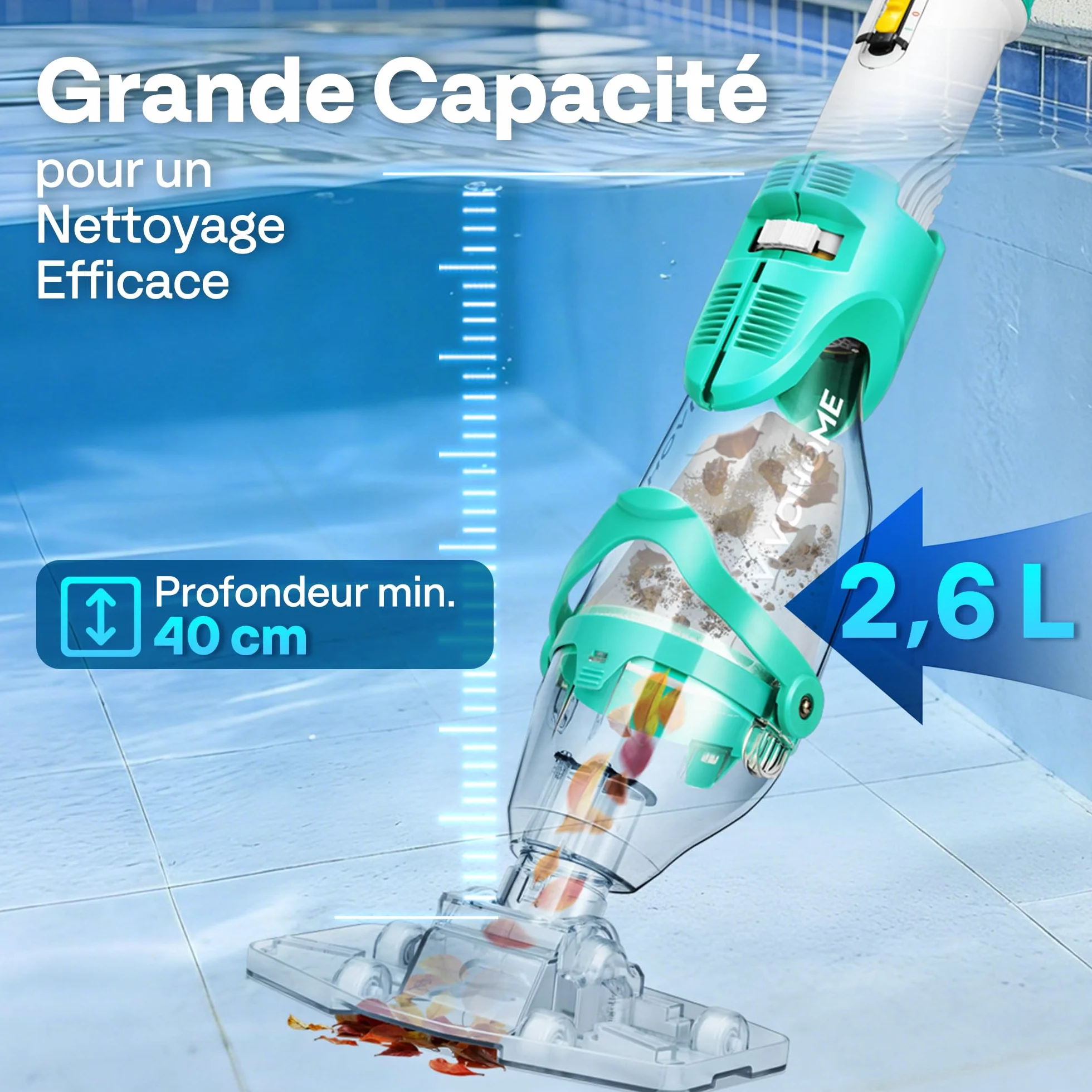 VIVOHOME Aspirateur de Piscine sans Fil 72LPM avec Batterie, Nettoyeur Portable 4 Sacs Filtrants 2,6L, Perche Télescopique 250cm
