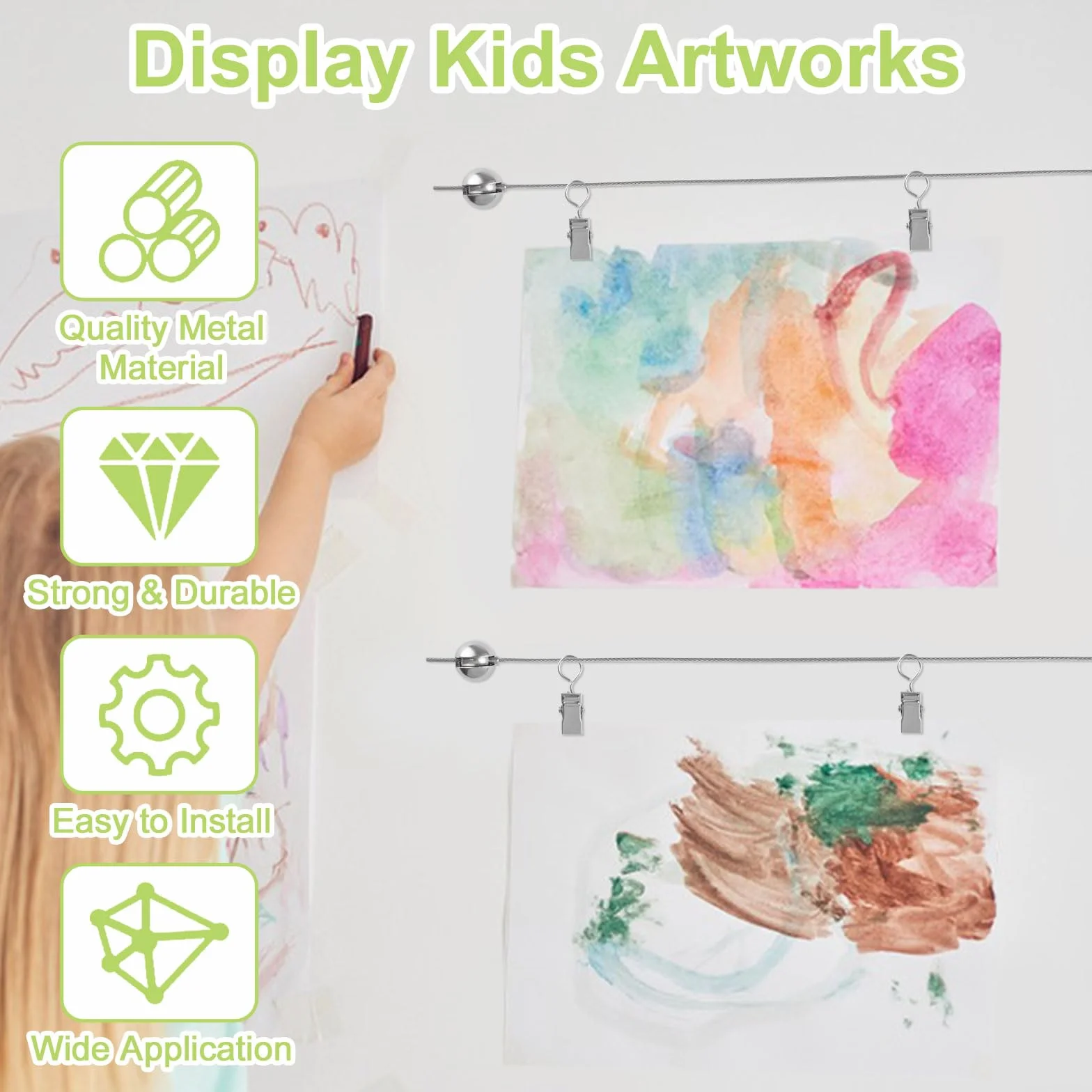 Kit de fil de suspension pour œuvres d'enfants avec clips réglables, décoration murale, 3 m