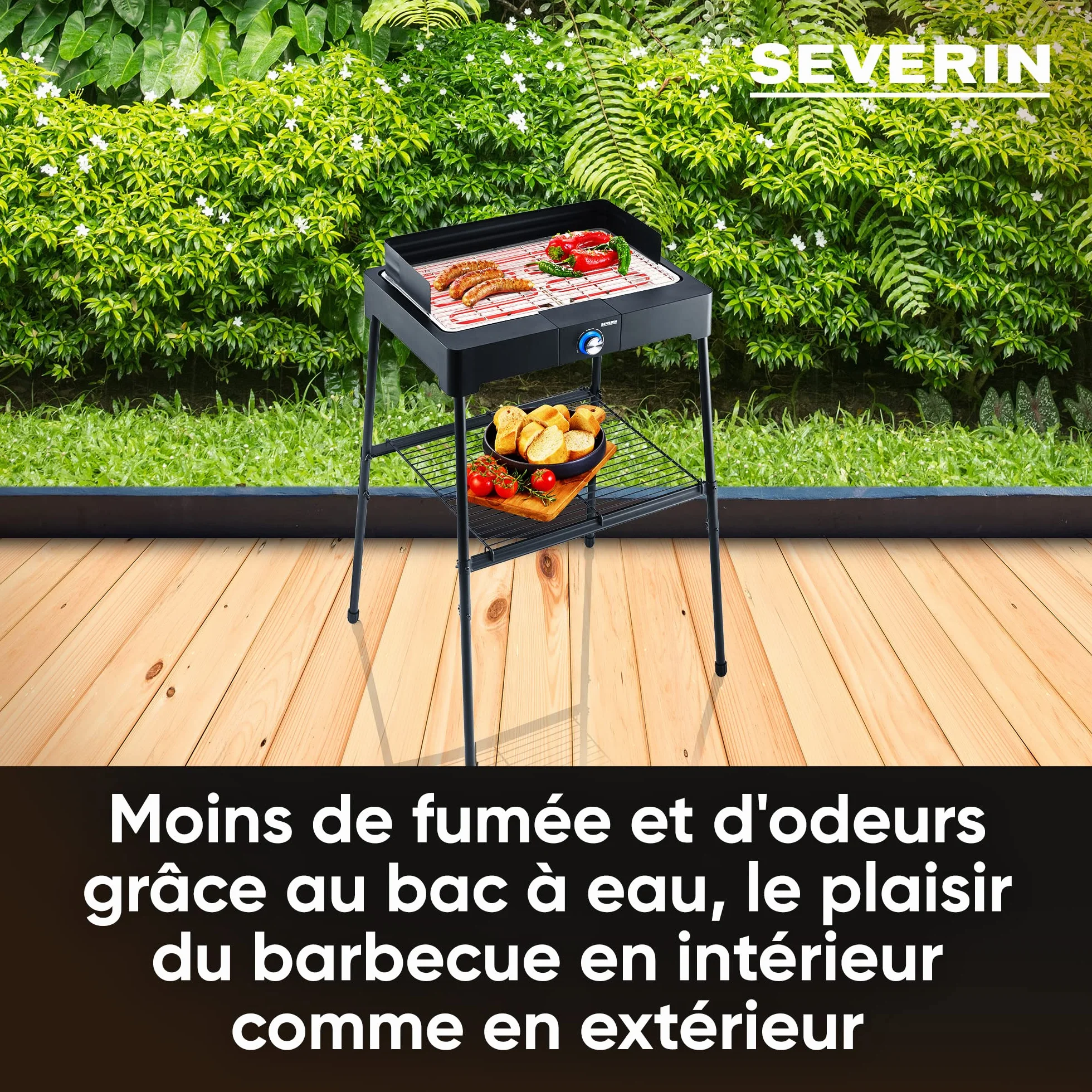 SEVERIN Barbecue électrique 2200 W Grille inox sur pieds avec pare-vent amovible eBBQ bac à eau Noir