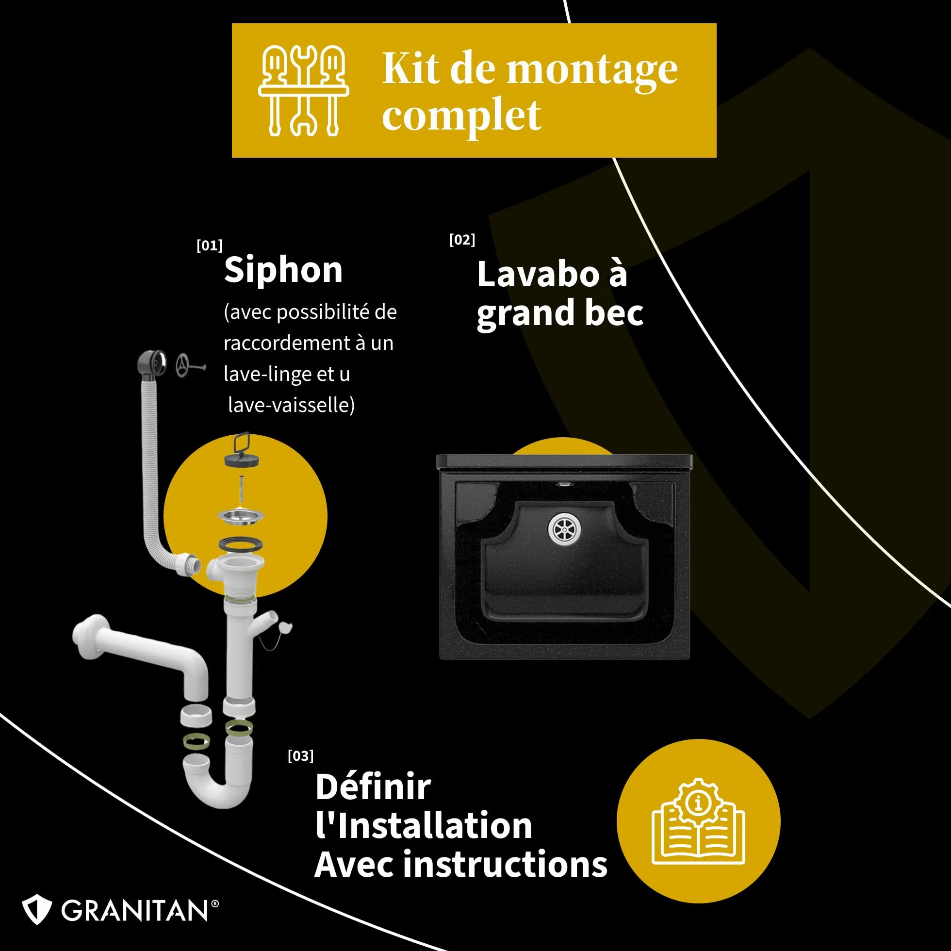 Évier extérieur Buanderie Lavabo extérieur siphon polypropylène noir GRANITAN