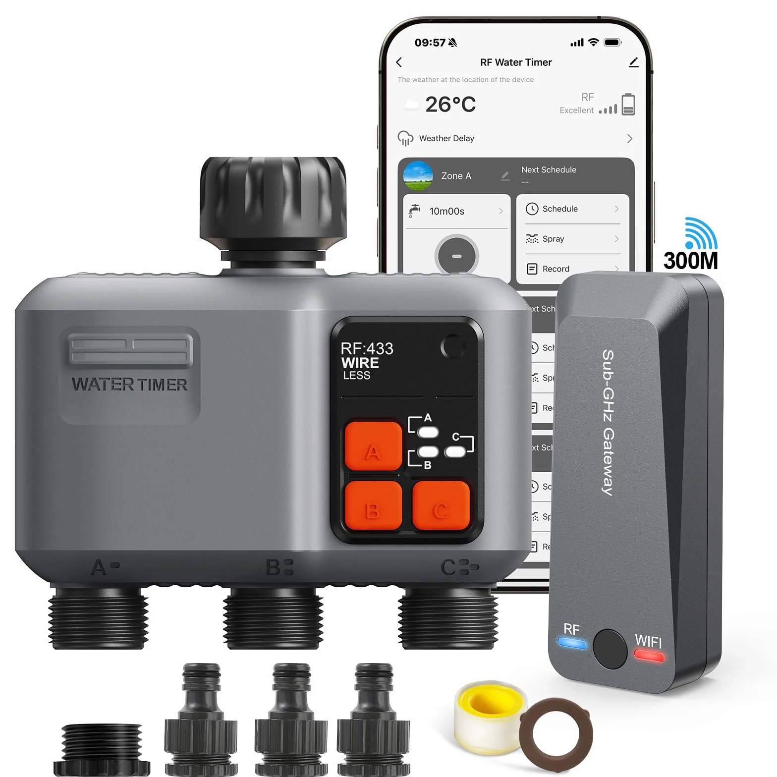 Programmateur Arrosage WiFi 3 Voies avec Passerelle RF 300M, Minuteur Automatique compatible Alexa Google