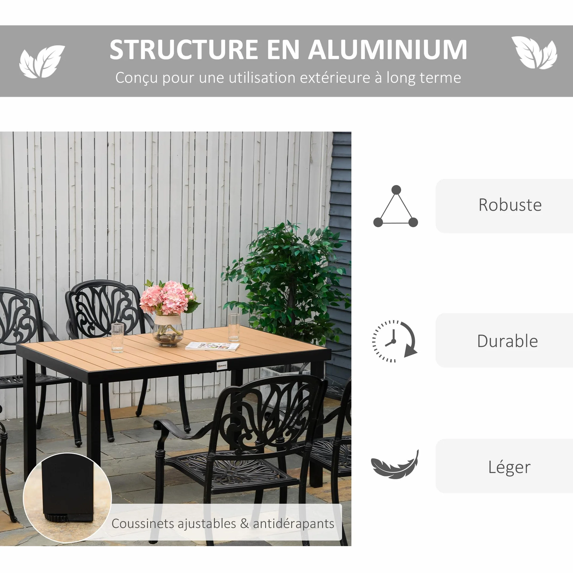 Outsunny Table à Manger de Jardin en Aluminium 140 x 90 x 74 cm Bois Naturel