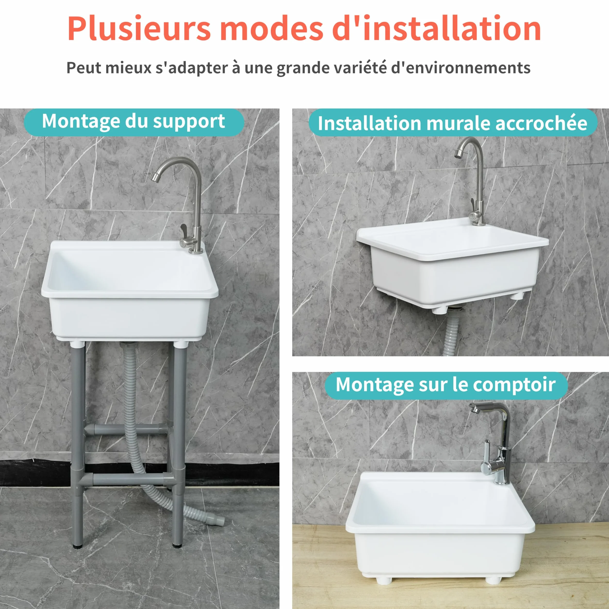 Évier utilitaire mural 42x32 cm cuve unique plastique avec trou robinet 3,2 cm
