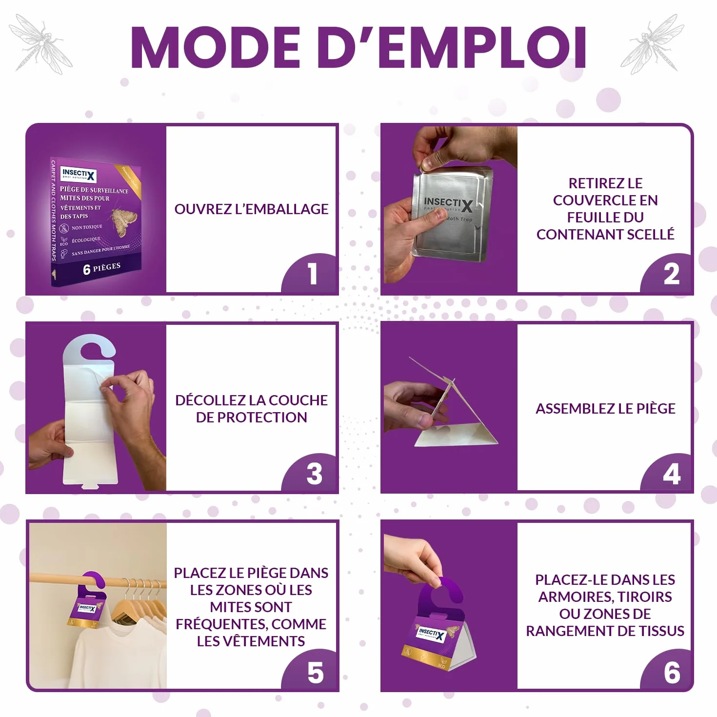 Pièges à mites textiles – Lot de 6 détecteurs sans odeur, non toxiques avec phéromones – Pour armoires, tiroirs, tissus & rangements – Sans danger pour les enfants et les animaux
