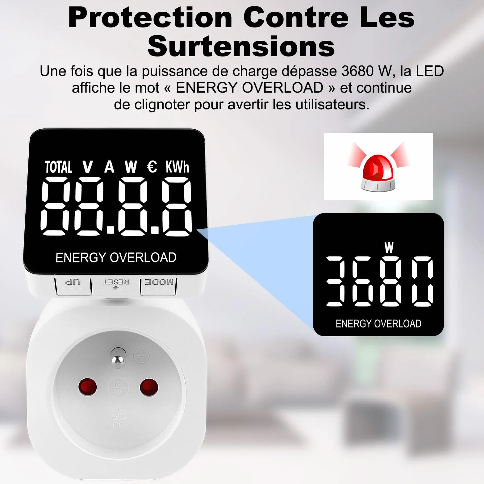 Compteur Électrique Wattmètre Prise avec LCD Rotatif 180°, 6 Modes Mesure kWh, Tension, Courant, Coût