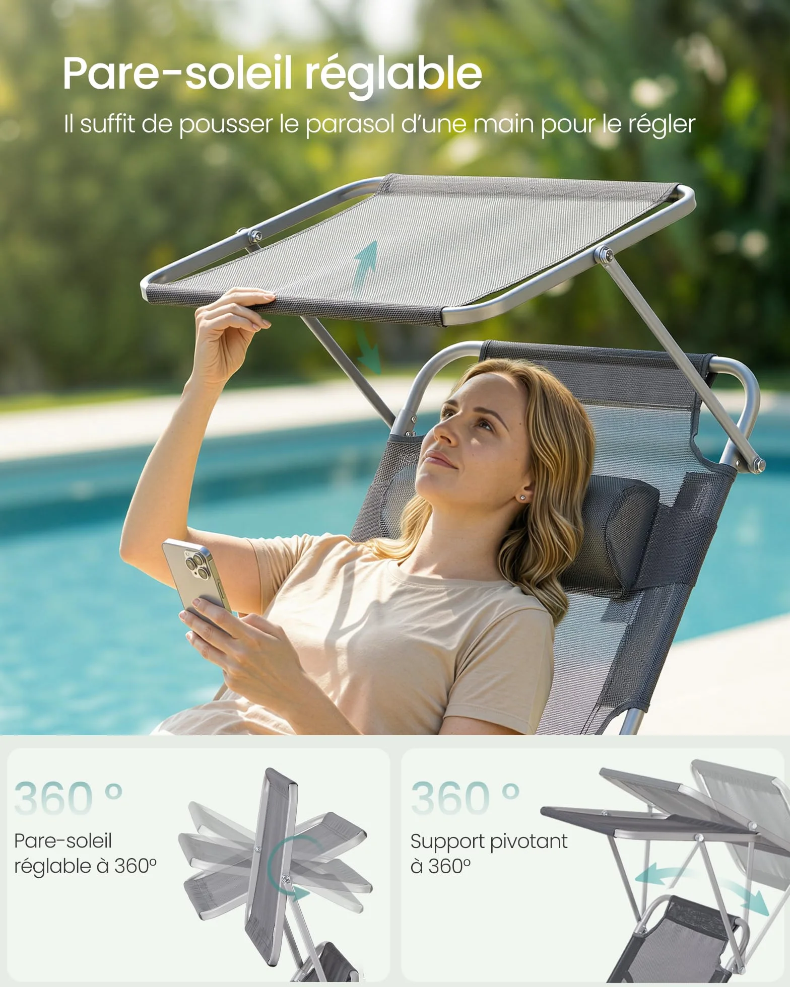 SONGMICS Lot de 2 Chaises Longues Pliantes 189 x 53 x 28,5 cm Transats Jardin Dossier Réglable Gris