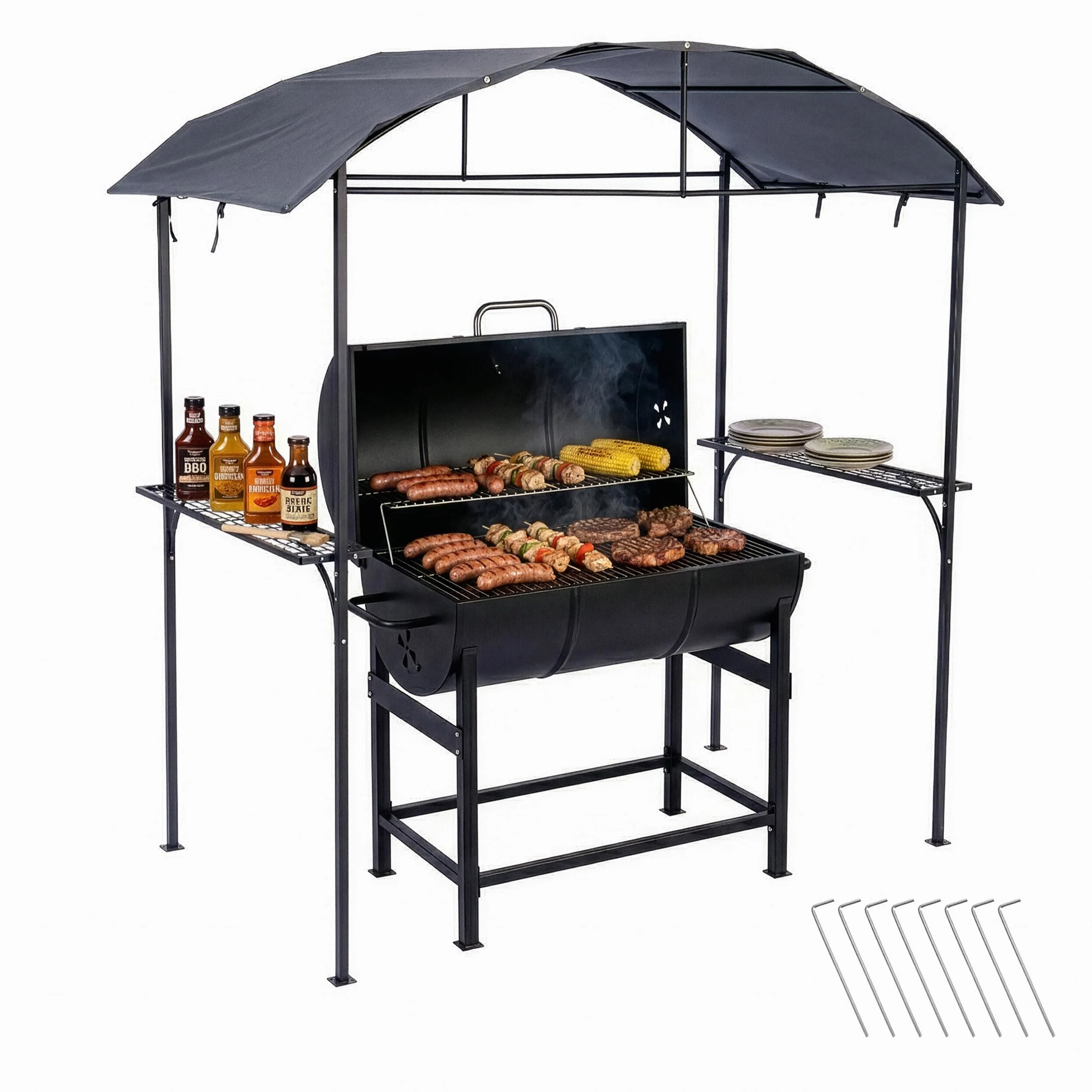 Pavillon Barbecue Relaxdays - HxLxP 230×210×116 cm, étagères latérales, Acier/Polyester, Jardin, Anthracite
