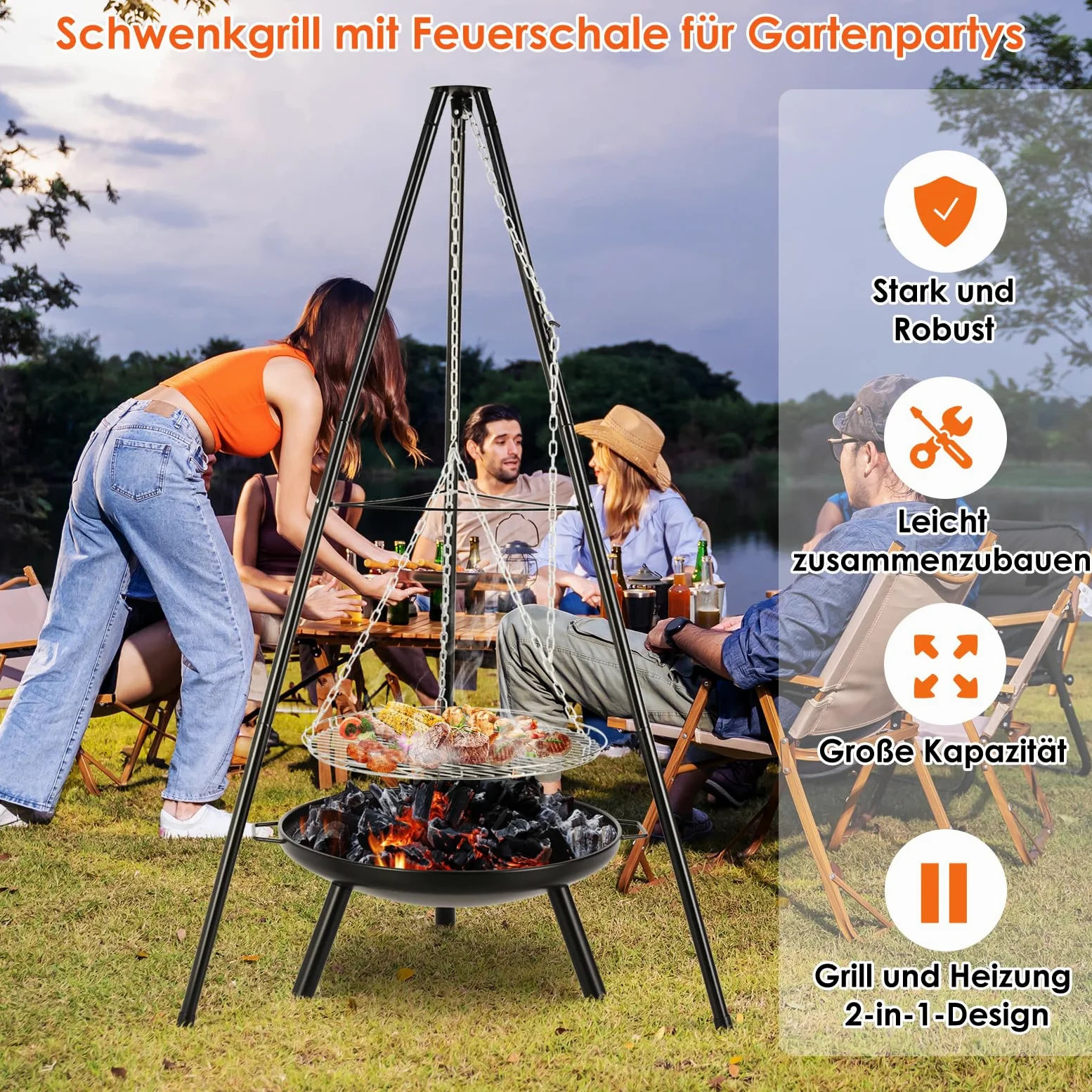 TLSUNNY Barbecue Pivotant avec Brasero, Barbecue Trépied avec Chaîne, Barbecue Charbon de Bois, Réglable en Hauteur de 200 cm, Ø68 cm Brasero avec Poignée, Foyer Extérieur pour Griller et Chauffer