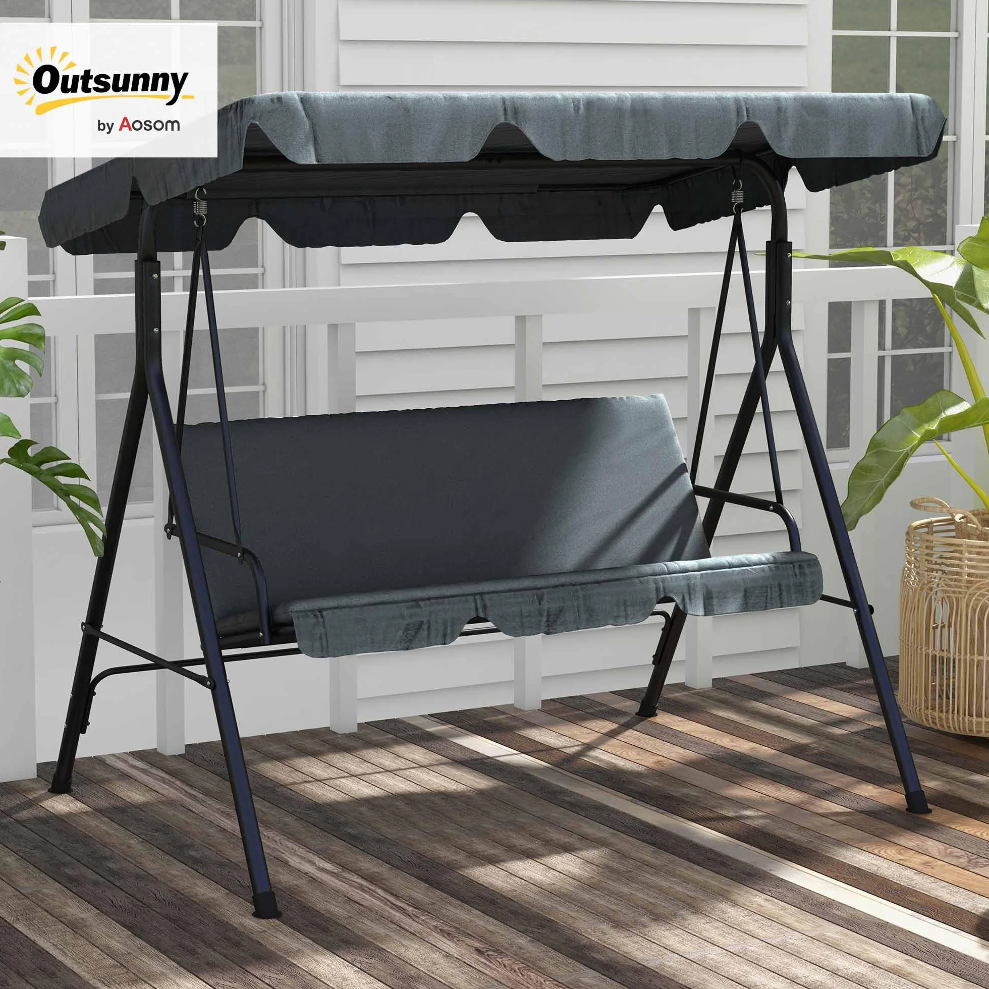 Outsunny Balancelle de Jardin 3 Places Toit Inclinable Coussins Acier Noir 1,72L x 1,1l x 1,53H m