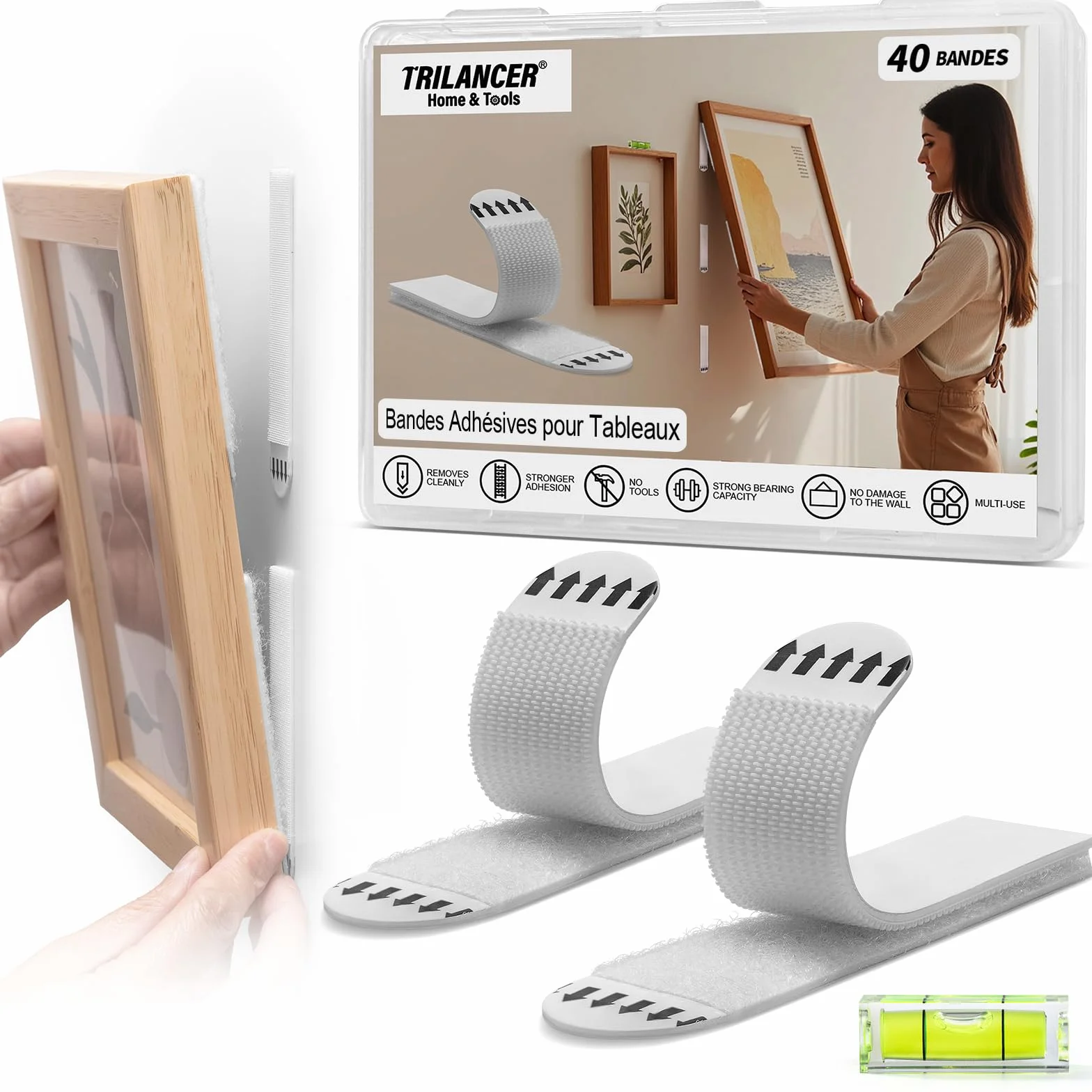 Trilancer Languettes Accroche Tableaux 20 Paires (40 Bandes) Fixation Sans Dommage Sans Clous Bandes Adhésives Forte Tenue pour Cadre Murale Décoration