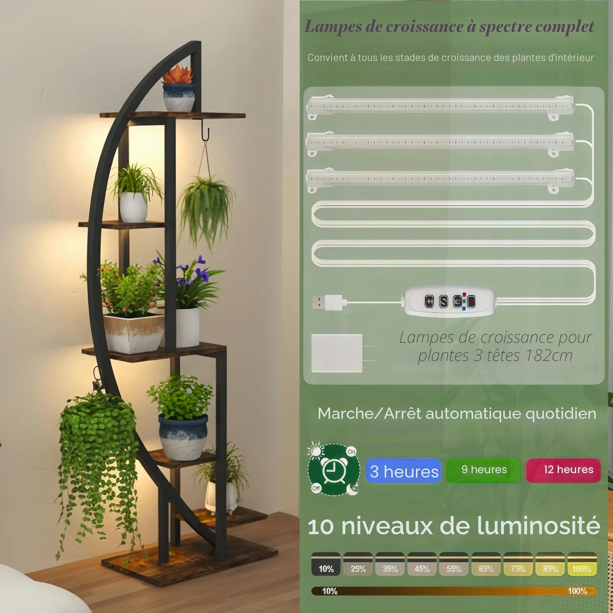 Étagère à plantes avec lumière 160 cm 6 niveaux bois métal support plantes extérieur intérieur jardin balcon