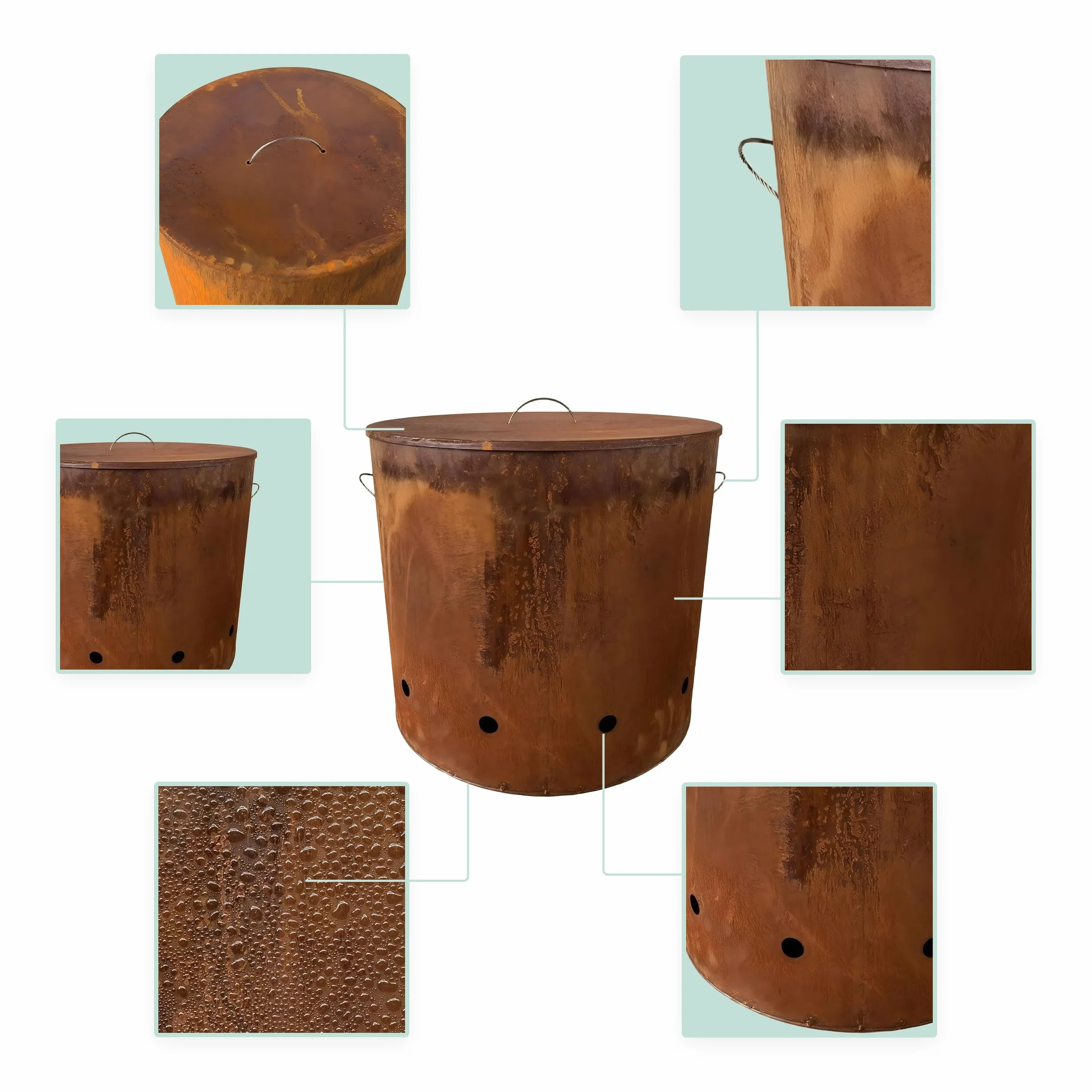 Relaxdays Tonneau à feu en Acier Corten, Aspect rouillé, H45xD49,5cm, brasero avec Couvercle, Brun rougeâtre XL