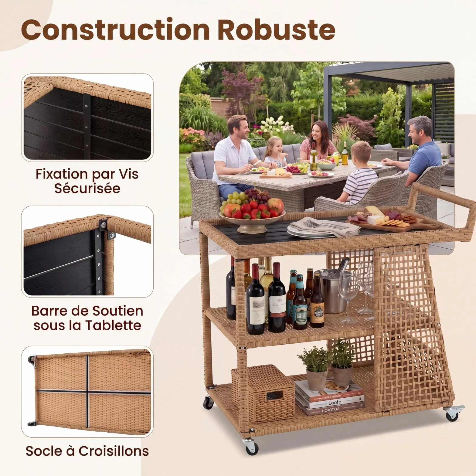 SOARS Chariot de Bar Extérieur en Rotin PE, 3 Niveaux, Desserte de Jardin