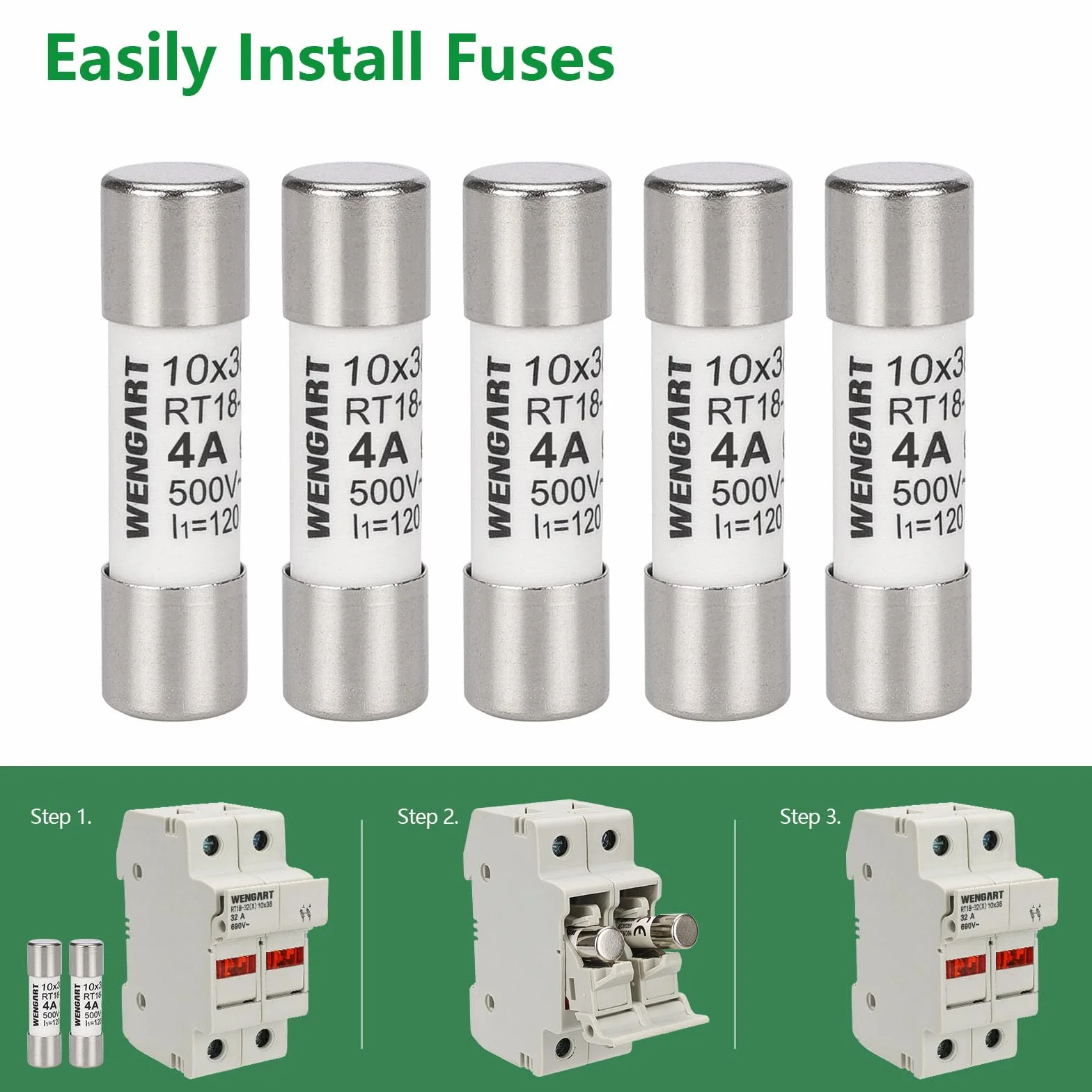 Wengart Lot de 10 fusibles cylindriques RT18-32 (RO15) 10x38 mm AC500V 4A 120 kA