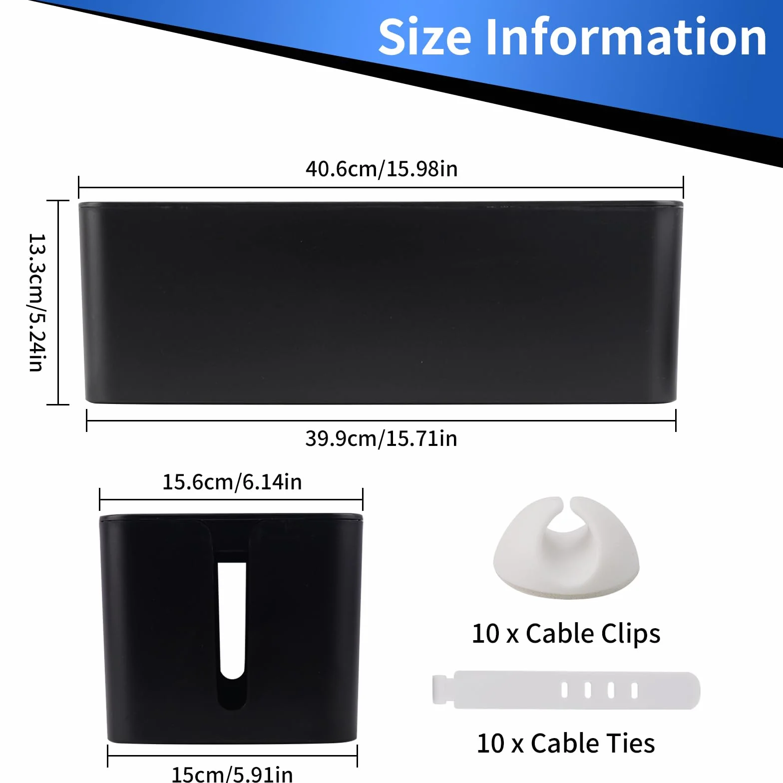 Boîte de Rangement pour Câbles, Gestion des Câbles, Cache Multiprise, Noir et Blanc, 10 Bandes de Rangement, 10 Clips (Grand)