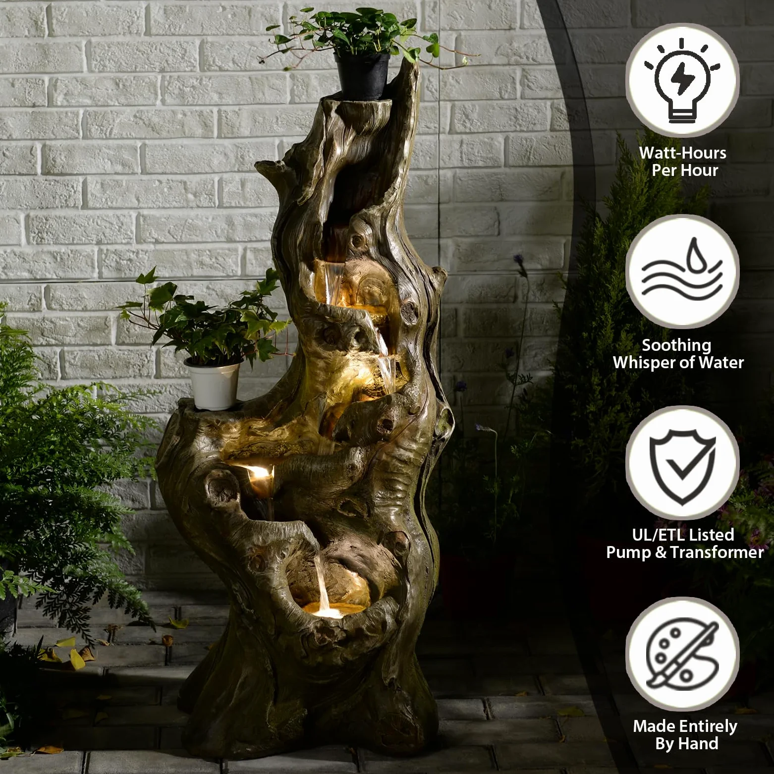 Bumilgar Caractéristiques d'eau de jardin 5 niveaux Grande cascade réaliste Tronc d'arbre naturel Fontaine extérieure en résine Imitation bois avec lumières LED pour jardin, patio, terrasse 101 CM
