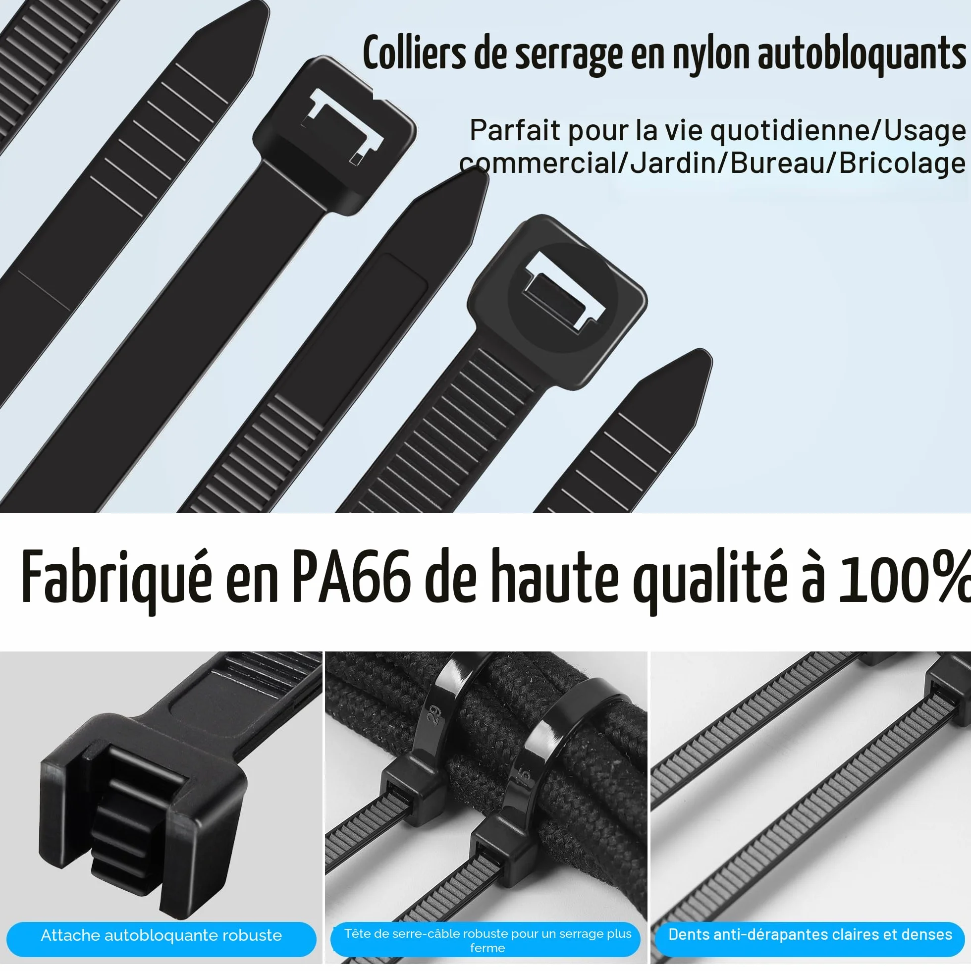 Collier de Serrage Noir 300 x 8 mm 75kg, Autobloquant Résistant aux UV, 100 Pièces
