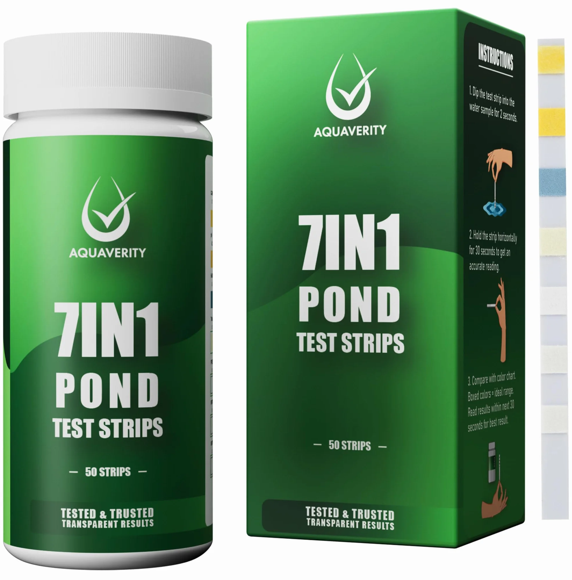 Bandelettes de test 7 en 1 pour bassin – Kit de test précis pour le pH, les nitrates, les nitrites, les carbonates, la dureté, le chlore total et libre – Pour bassins – 50 bandelettes