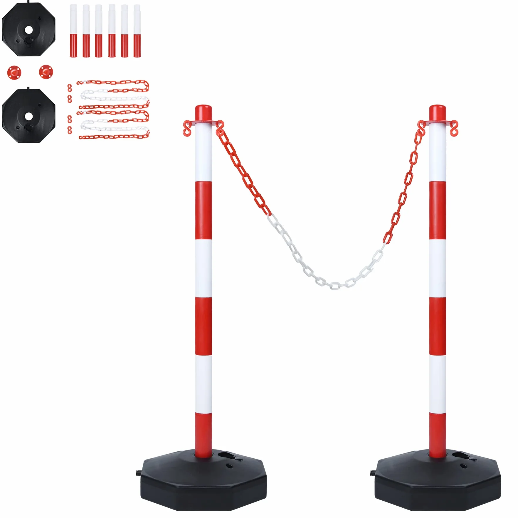 Lot de 2 poteaux de chaîne en plastique 82 x 28 x 28 cm avec chaînes 1,4 m rouge+blanc