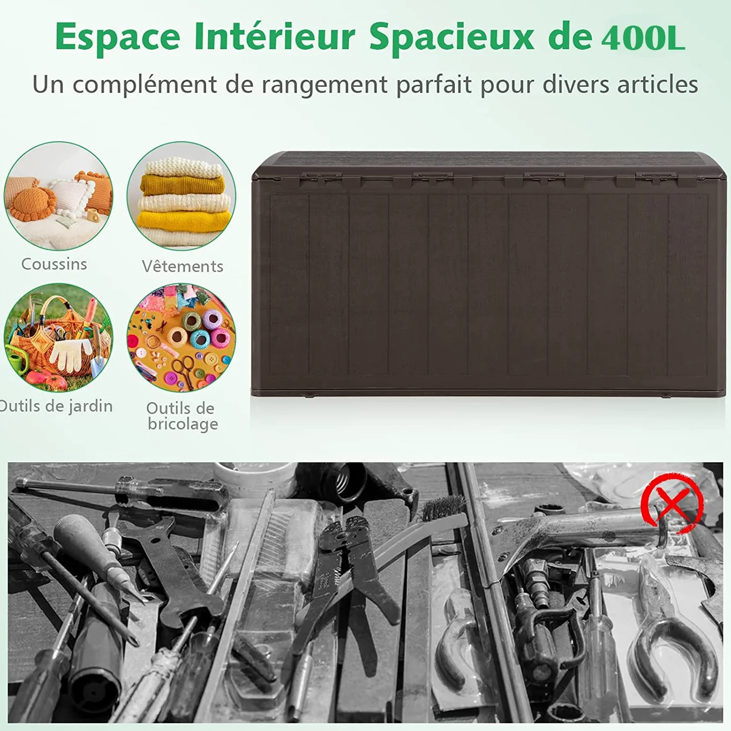 GOPLUS 400 L Coffre de Jardin Extérieur, Coffre de Rangement pour Patio avec Couvercle Verrouillable pour Maison Piscine Jardin,128 x 64 x 64 cm,